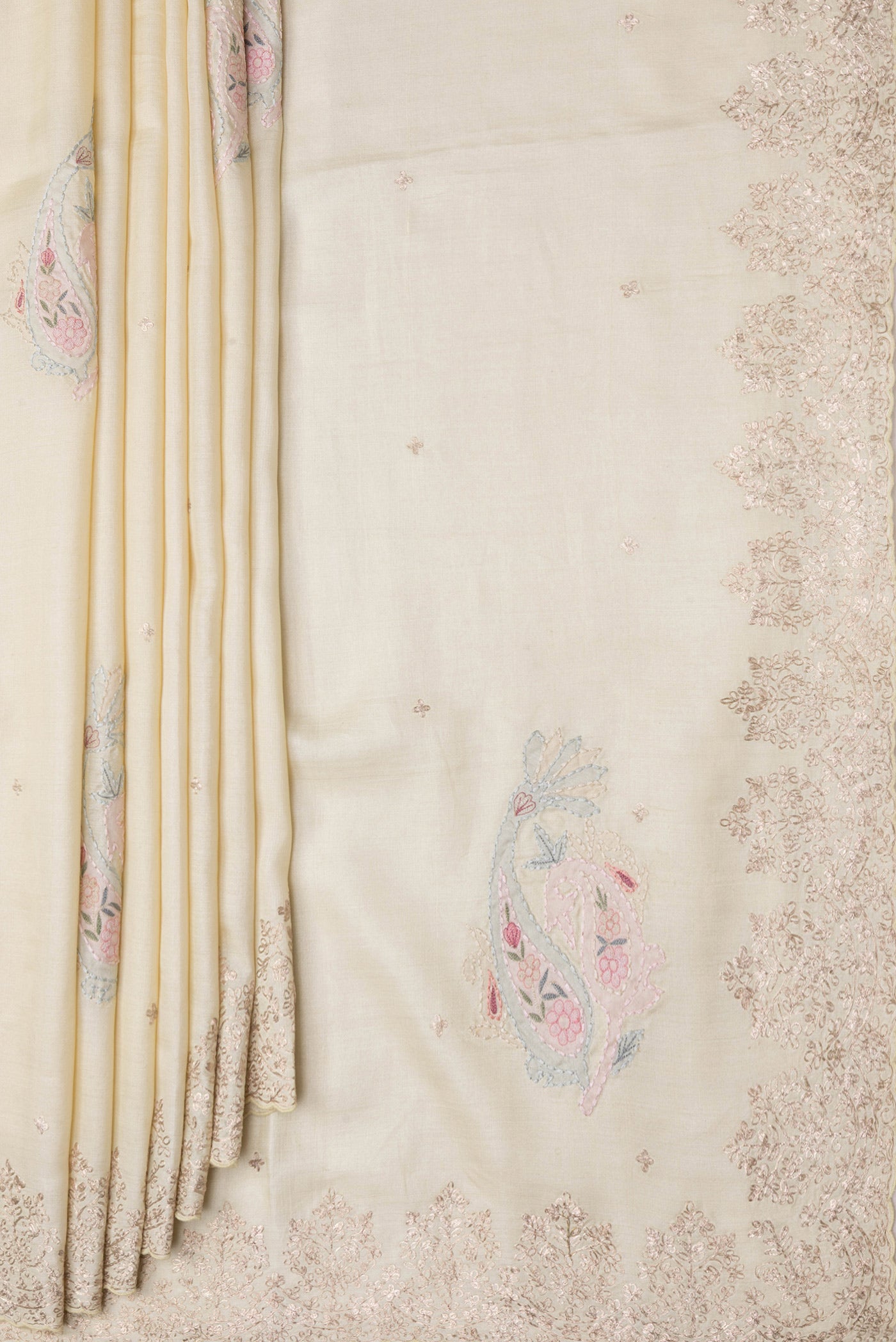 Pleats and pallu of Sandal Dual Tone Tussar Silk Saree with Embroidery on the body and Embroidery Border. 