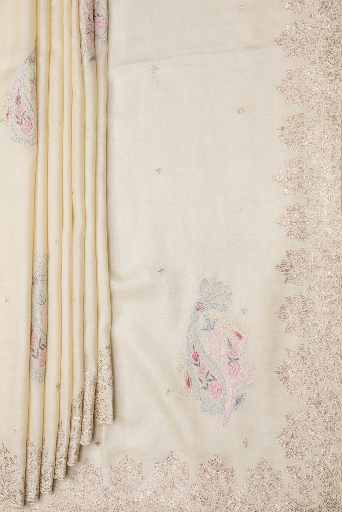 Pleats and pallu of Sandal Dual Tone Tussar Silk Saree with Embroidery on the body and Embroidery Border. 