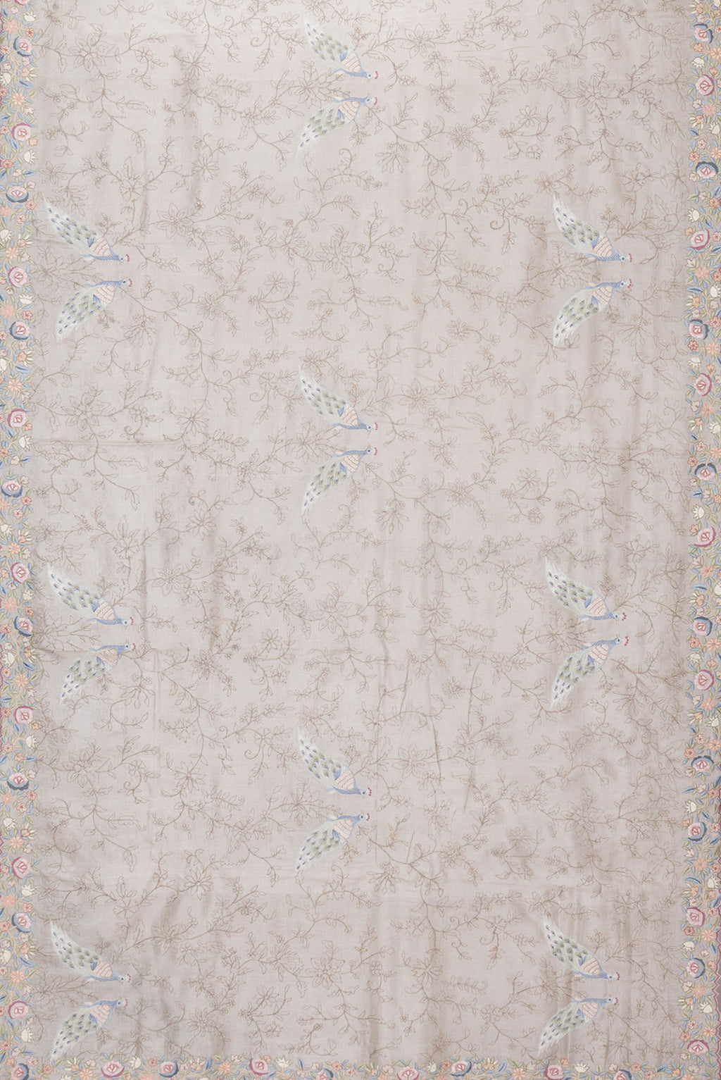 Flat view of Grey Dual Tone Tussar Silk Saree with Embroidery on the body and Embroidery Border. 
