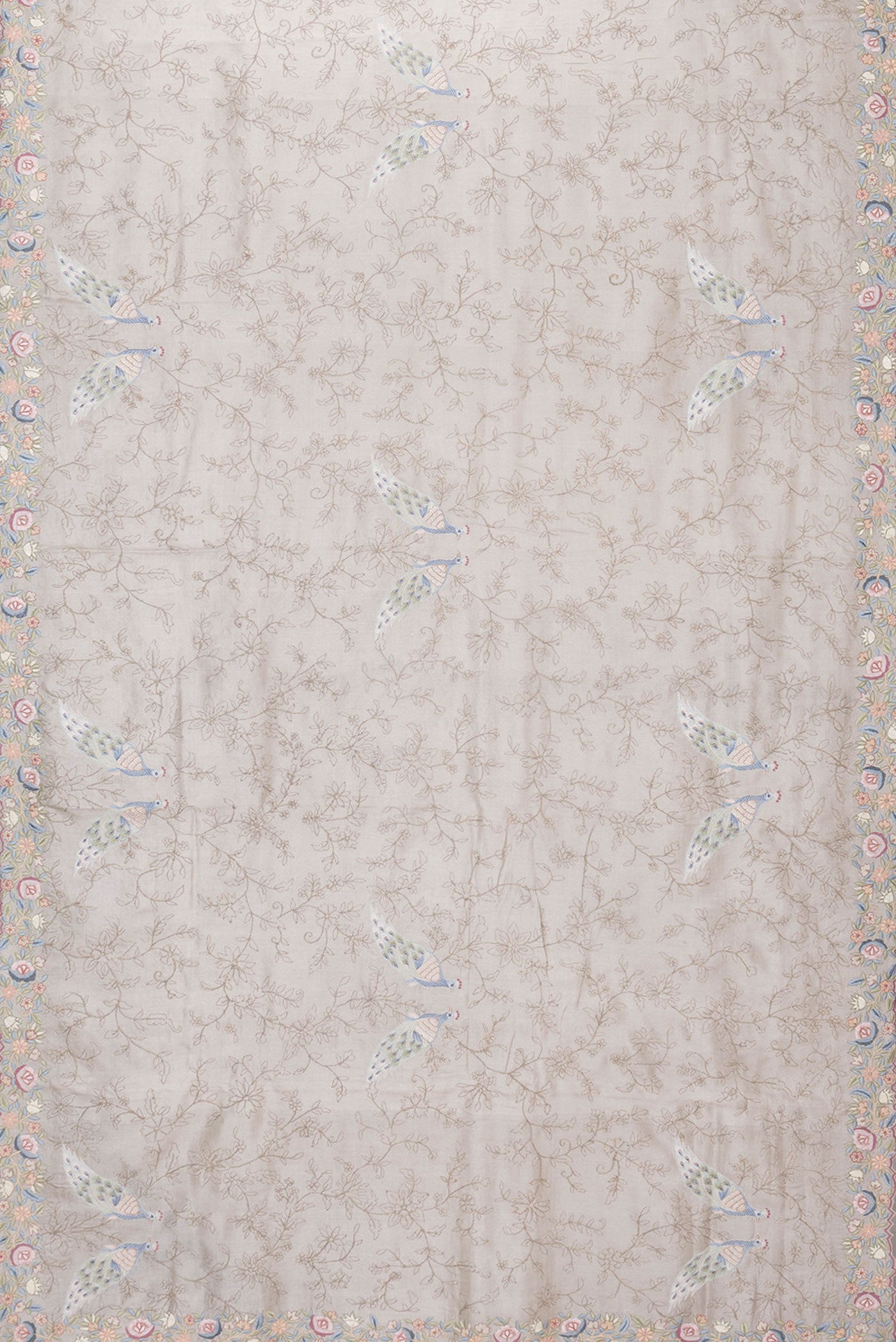 Flat view of Grey Dual Tone Tussar Silk Saree with Embroidery on the body and Embroidery Border. 