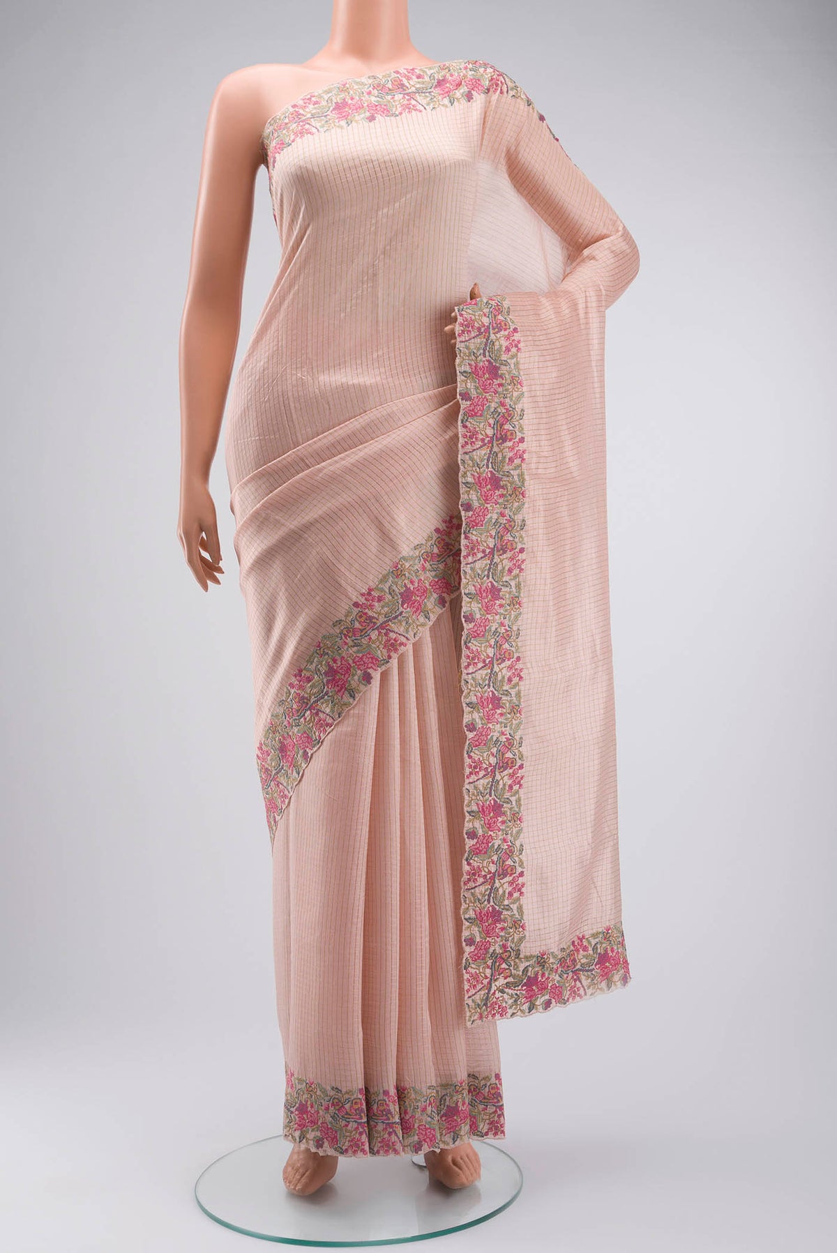 Rose pink Bhagalpuri Tussar Silk Saree with Checked design on the body and Embroidery Border displayed on a mannequin