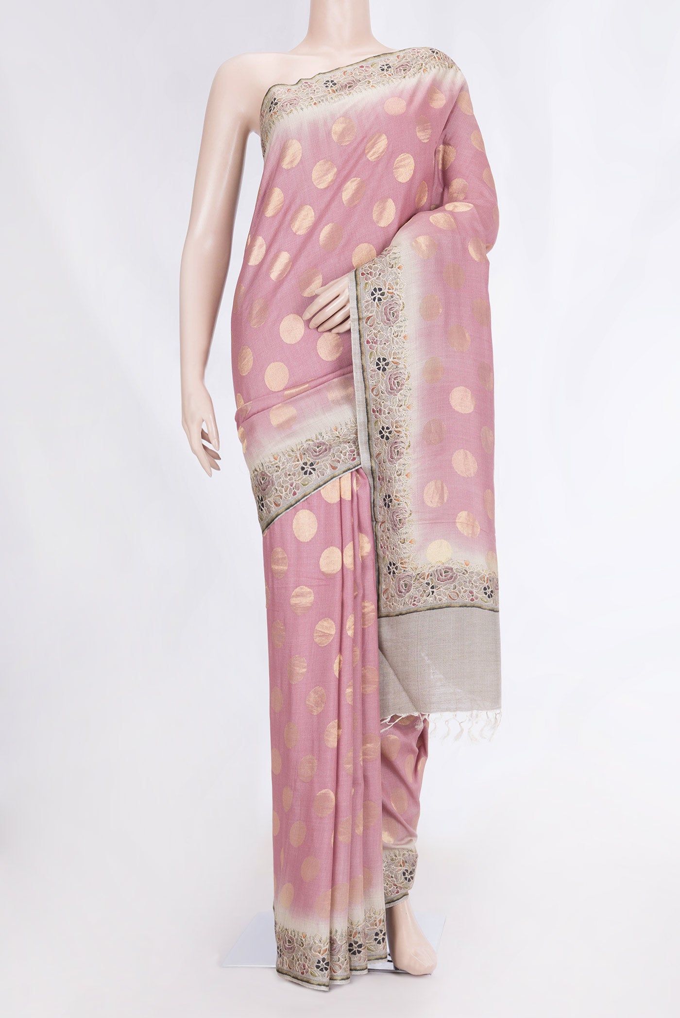 Pink Dual Tone Tussar Silk Saree with Zari Butta on the body and Embroidery Border displayed on a mannequin