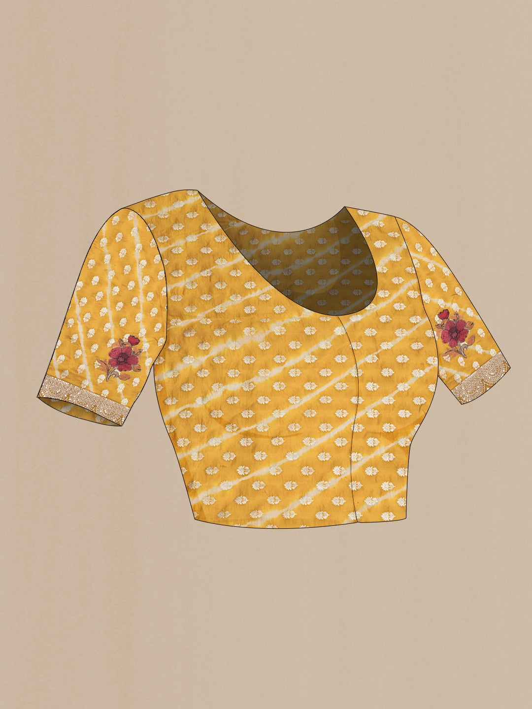 Close up image of the blouse of Mustard Tussar Silk Saree with Embroidery on the body and Embroidery Border