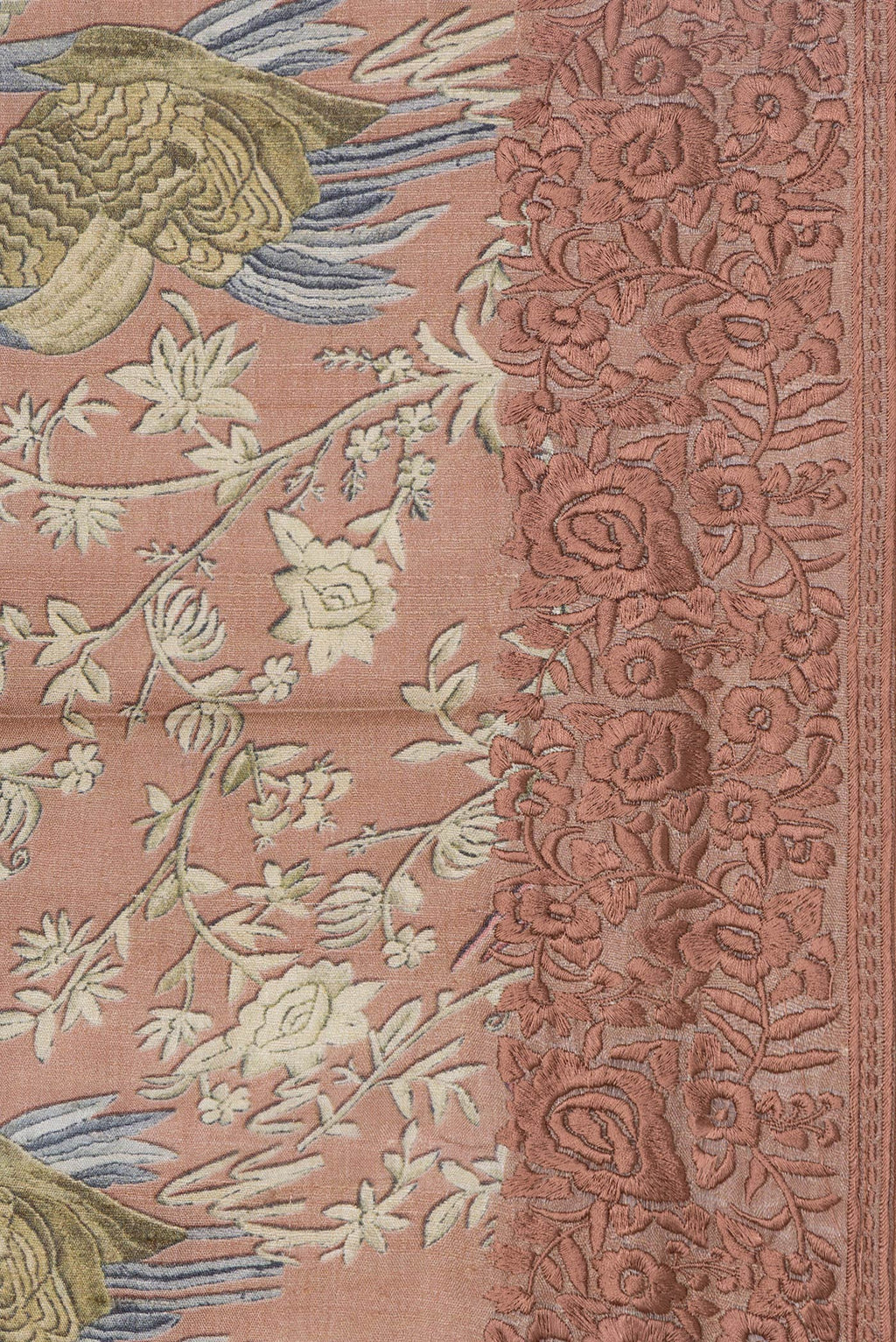 Border image of Brown Dual Tone Tussar Silk Saree with Printed design on the body and Embroidery Border. 