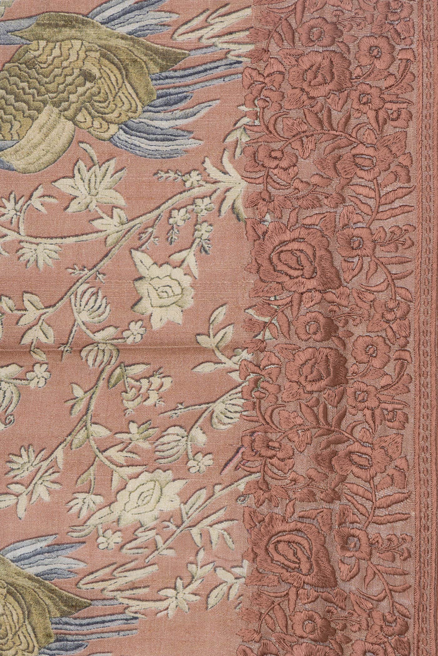 Border image of Brown Dual Tone Tussar Silk Saree with Printed design on the body and Embroidery Border. 