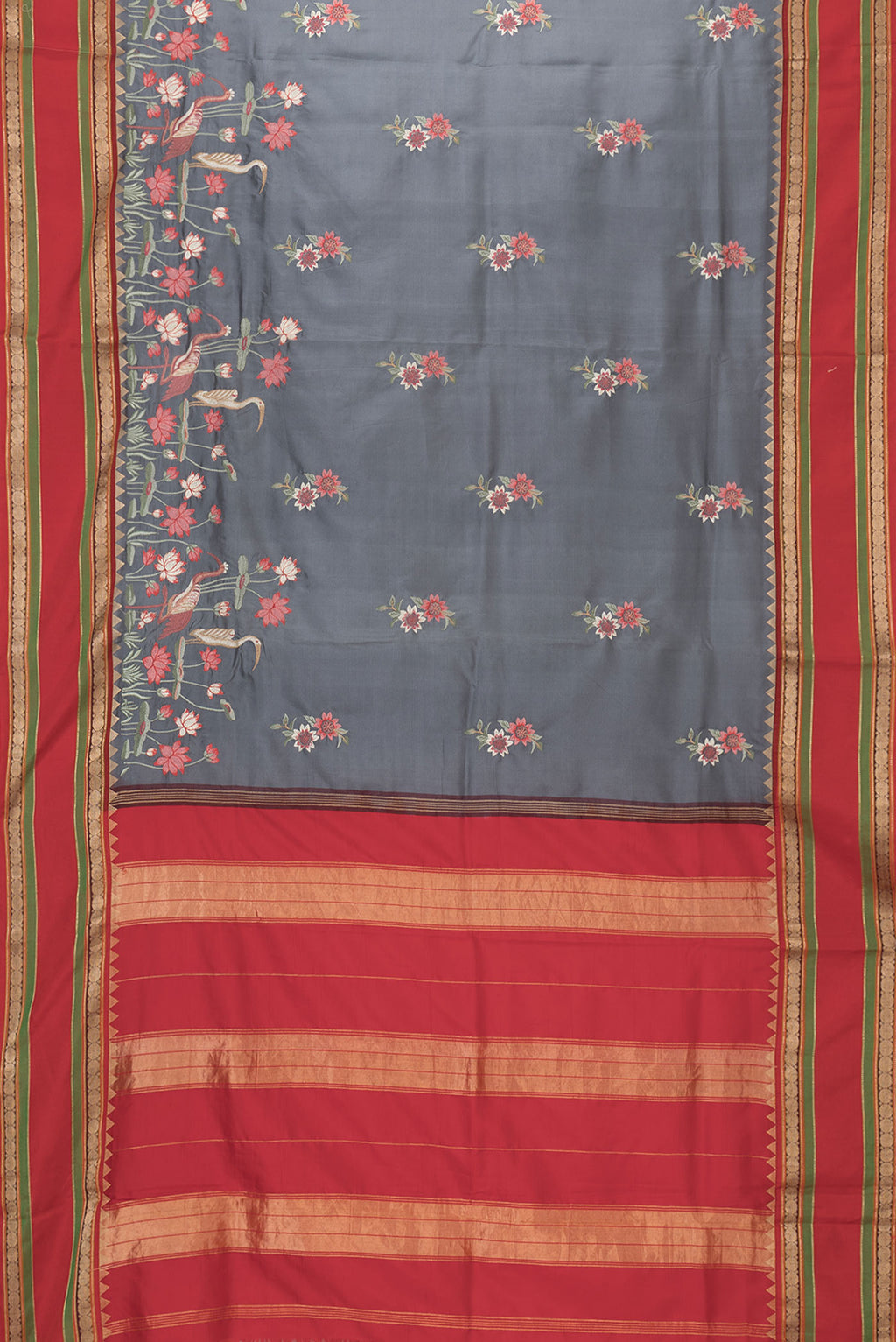 Flat view of Grey Dual Tone Kanchipuram Silk Saree with Embroidery on the body and Zari Border. 