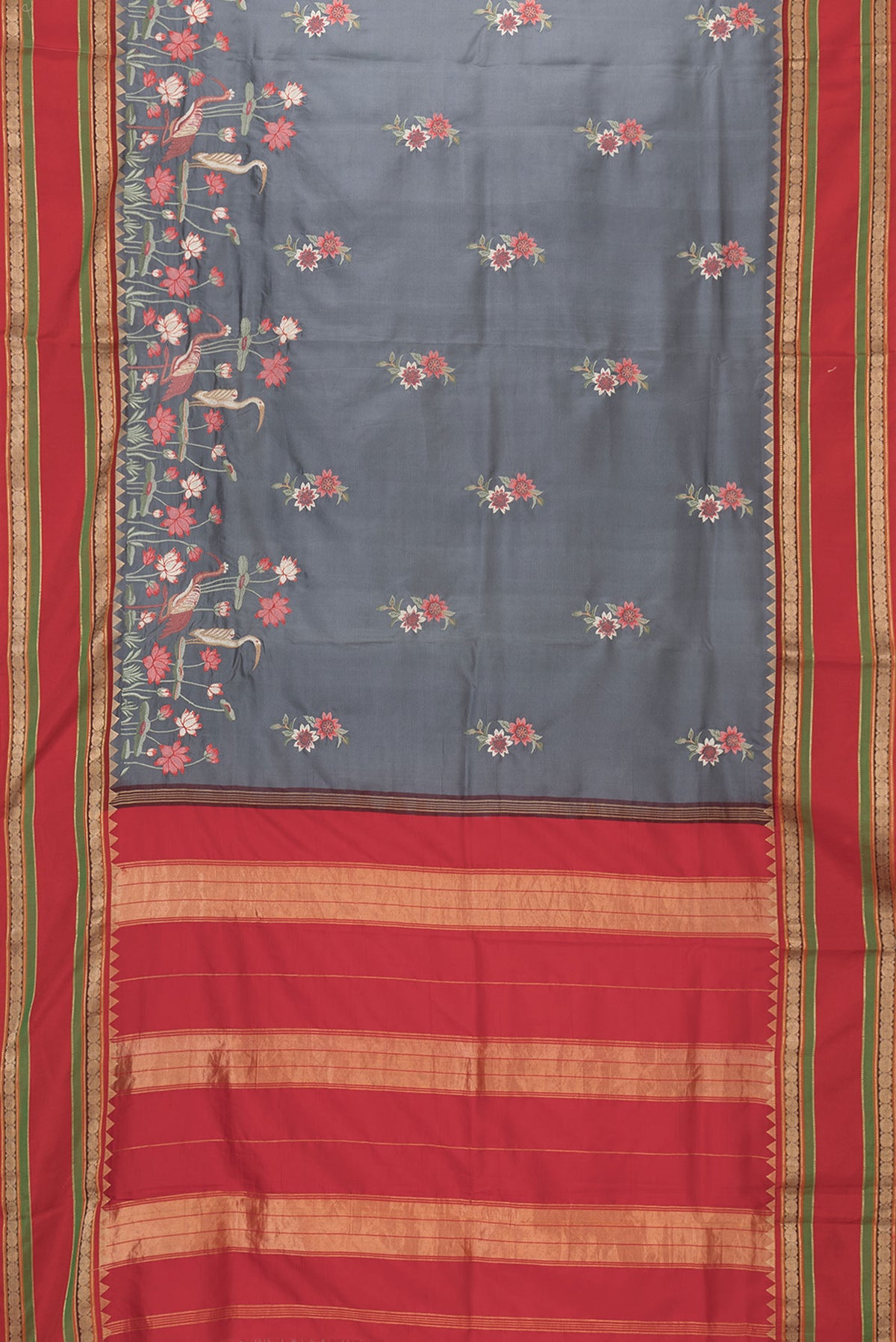 Flat view of Grey Dual Tone Kanchipuram Silk Saree with Embroidery on the body and Zari Border. 