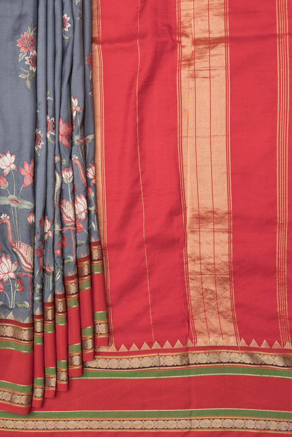 Pleats and pallu of Grey Dual Tone Kanchipuram Silk Saree with Embroidery on the body and Zari Border. 