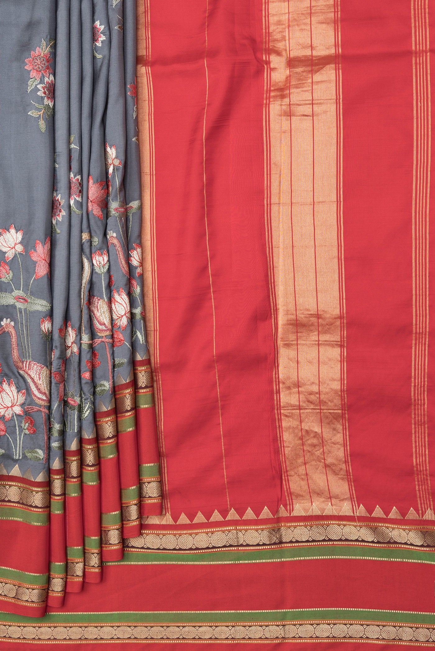 Pleats and pallu of Grey Dual Tone Kanchipuram Silk Saree with Embroidery on the body and Zari Border. 