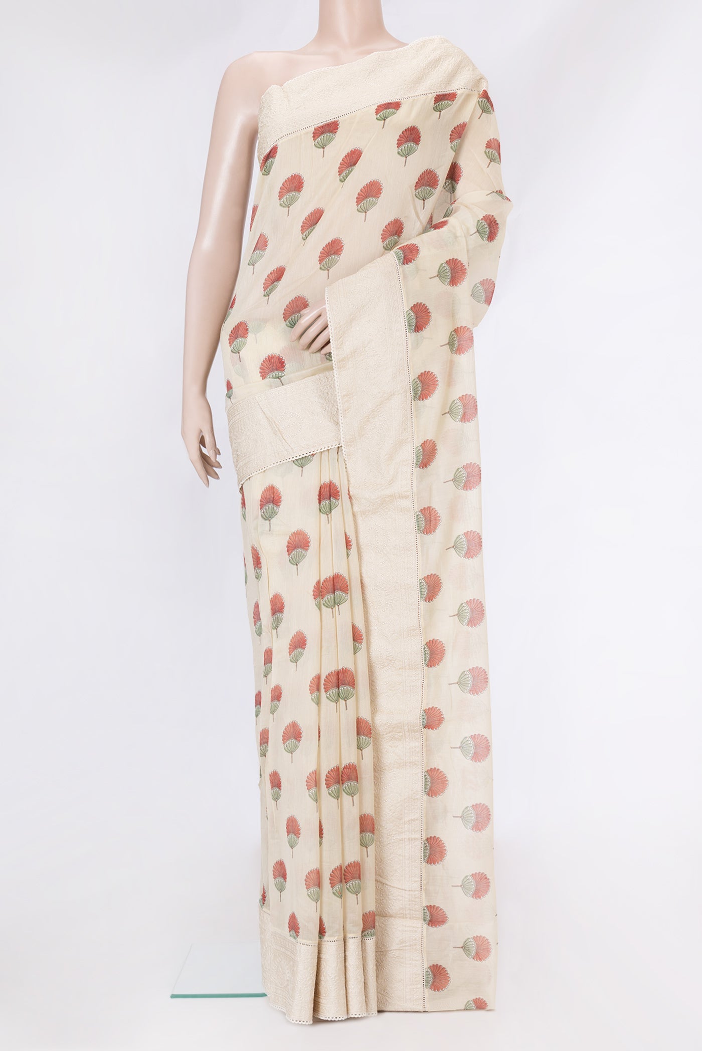 Sandal Dual Tone Chanderi Silk Saree with Printed design on the body and Embroidery Border.  displayed on a mannequin