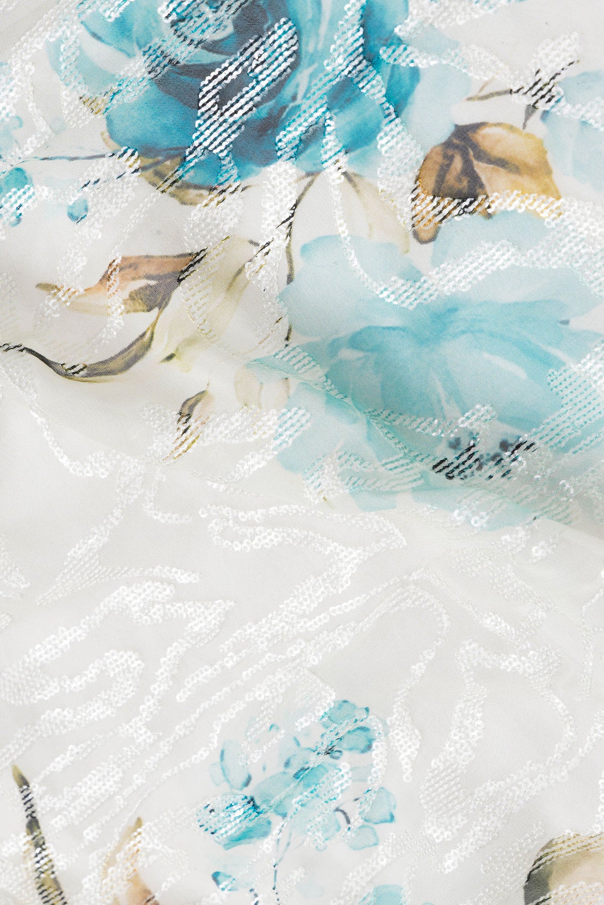 Close up of Lavender and Sea Green Color Georgette Saree with Embroidery on the body and Embroidery Border.  displaying folds