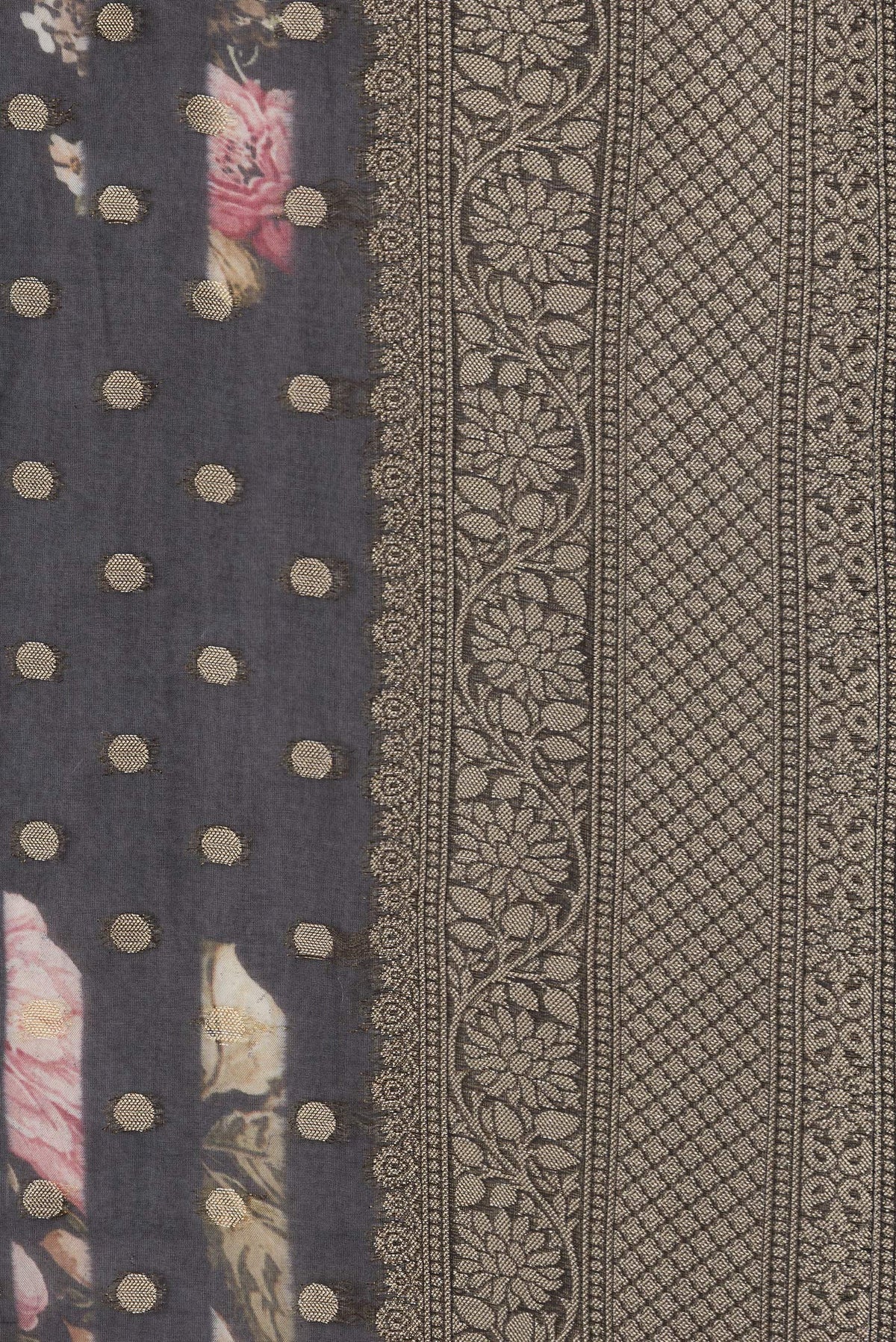 Border image of Black Dual Tone Organza Silk Saree with Zari Butta on the body and Zari Border. 
