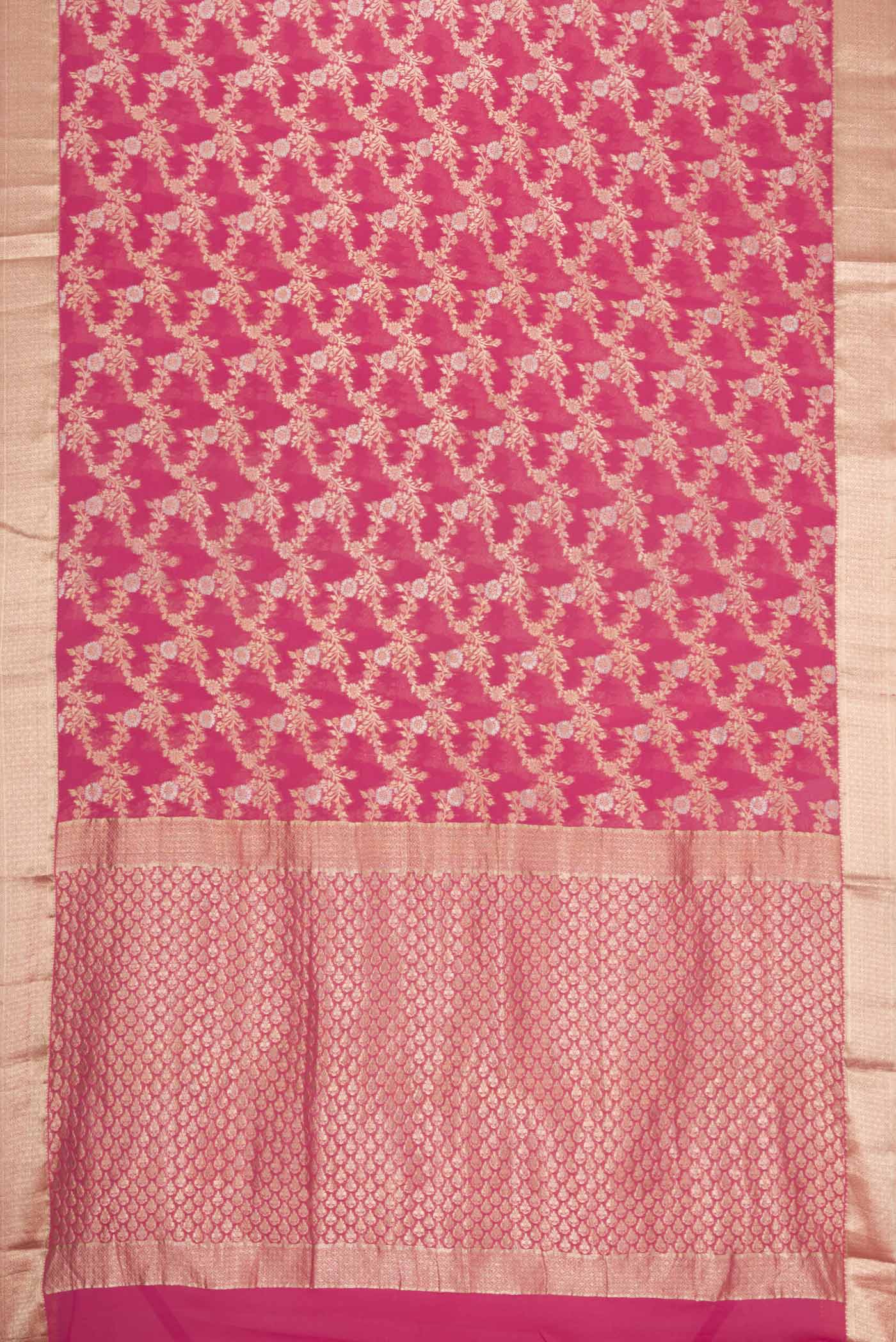 Flat view of Pink Dual Tone Banarasi Georgette Saree with Zari Brocade on the body and Zari Border. 