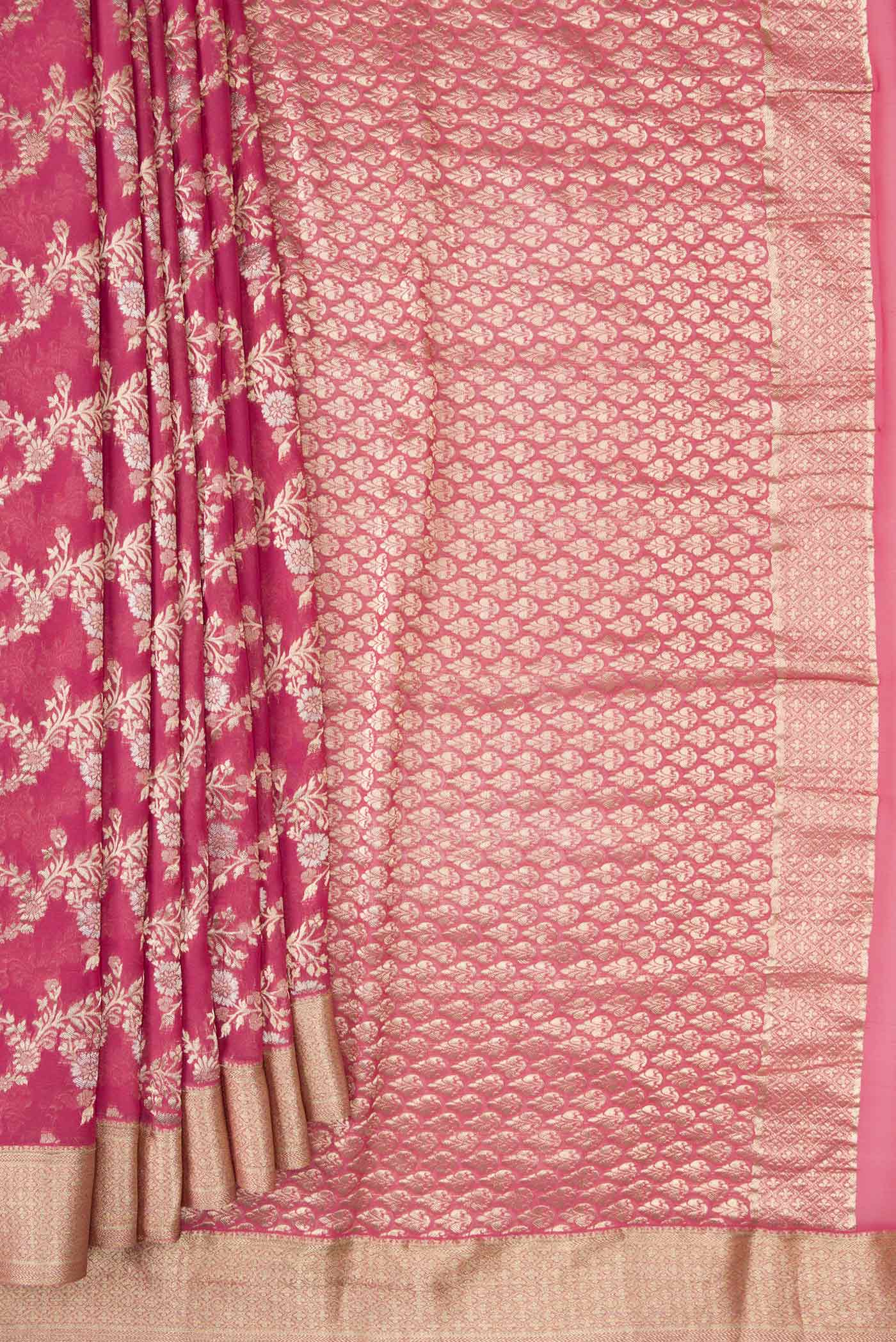 Pleats and pallu of Pink Dual Tone Banarasi Georgette Saree with Zari Brocade on the body and Zari Border. 