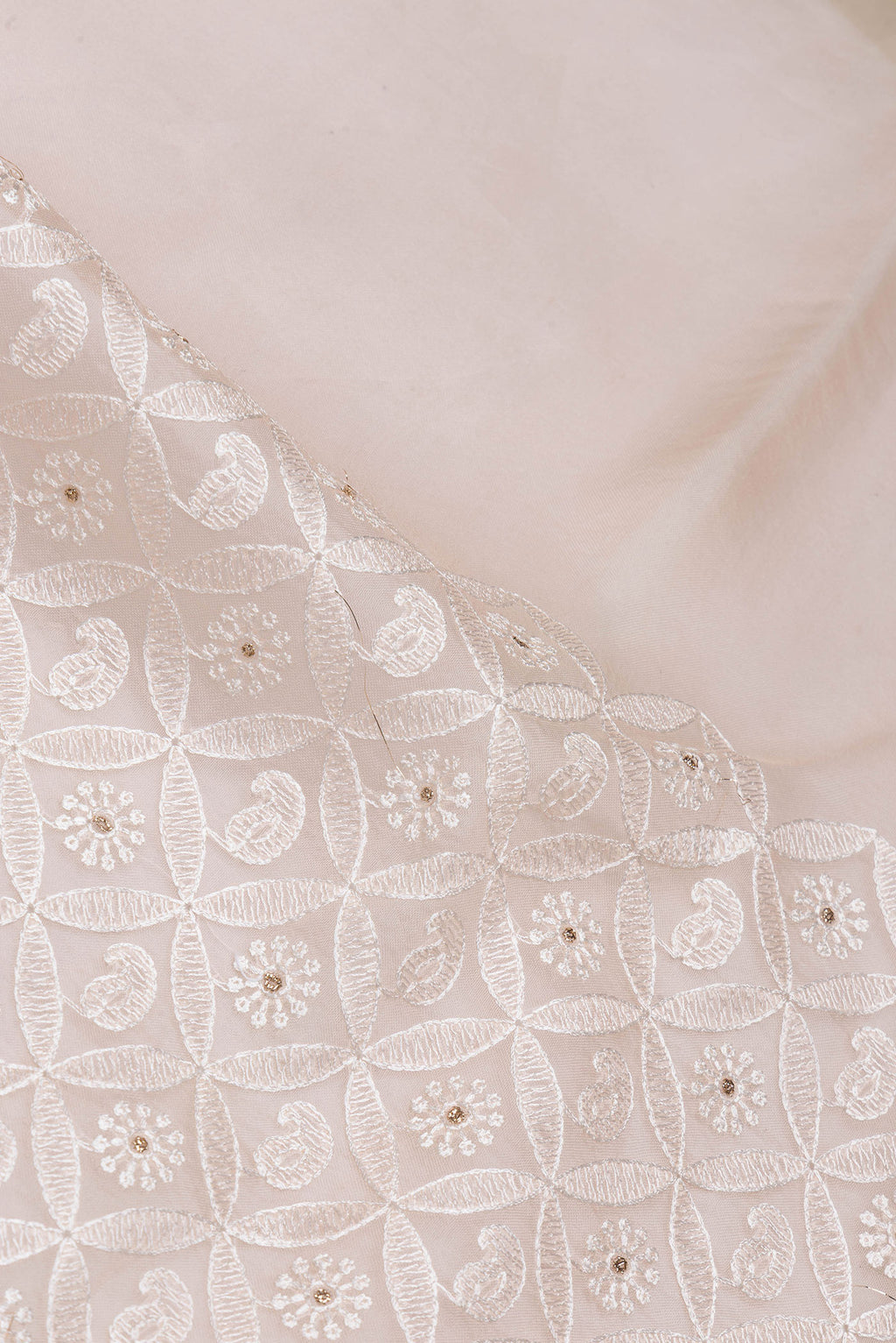 Close up of Golden Peach Dual Tone Organza Silk Saree with Embroidery on the body and Embroidery Border.  displaying folds