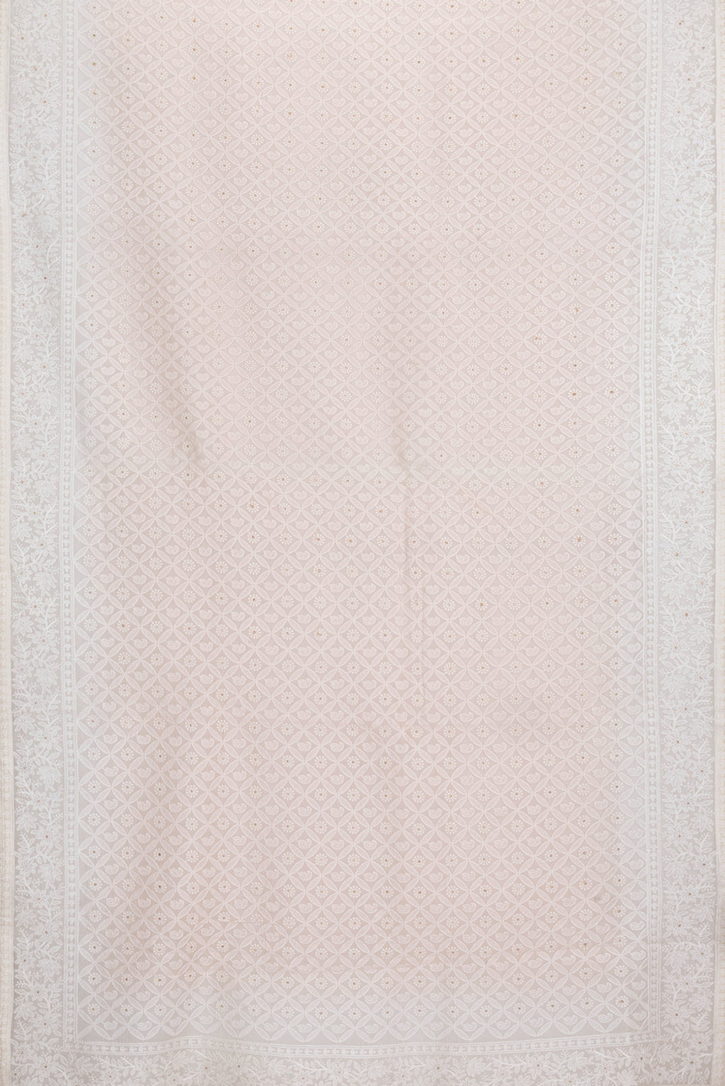 Flat view of Golden Peach Dual Tone Organza Silk Saree with Embroidery on the body and Embroidery Border. 
