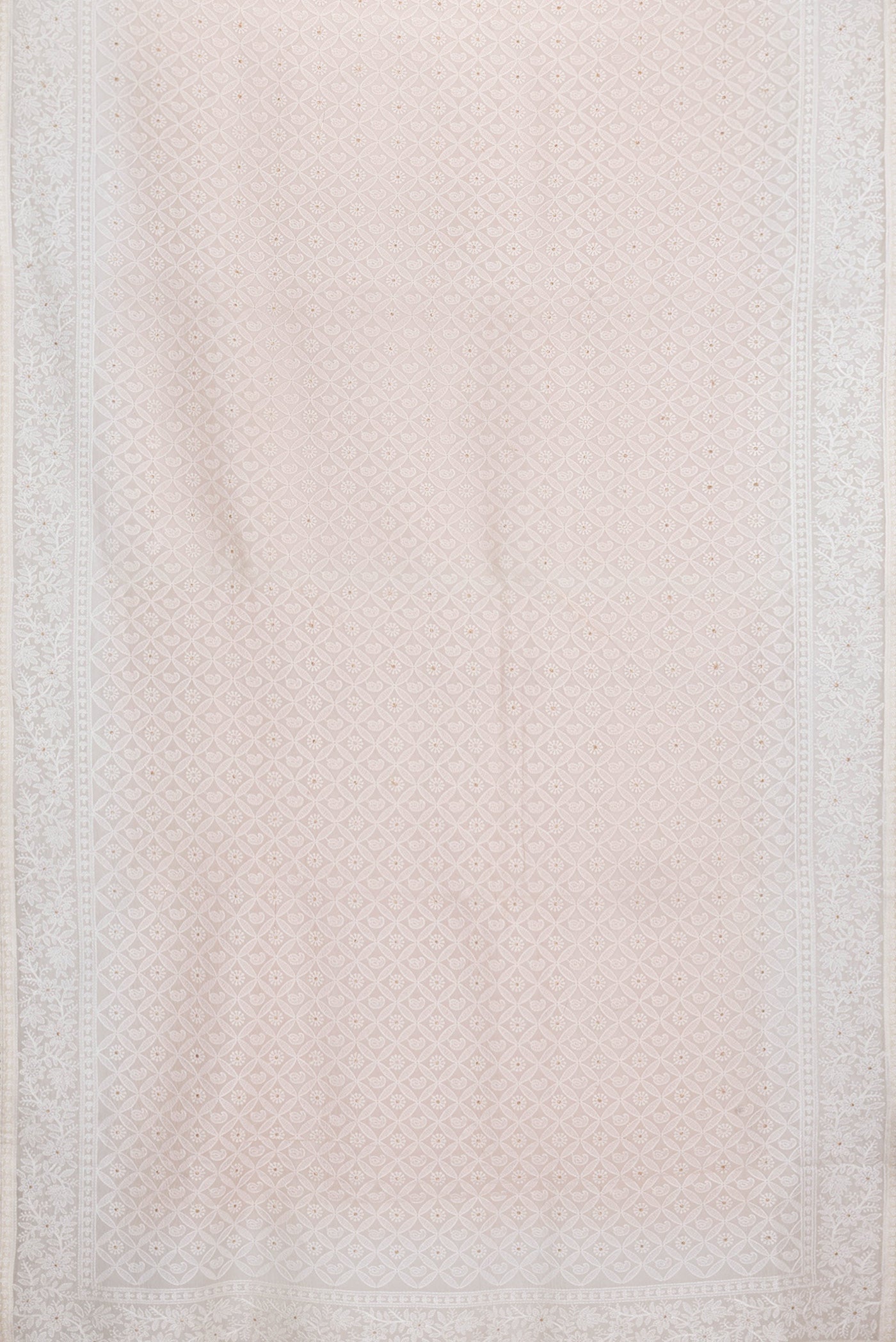 Flat view of Golden Peach Dual Tone Organza Silk Saree with Embroidery on the body and Embroidery Border. 