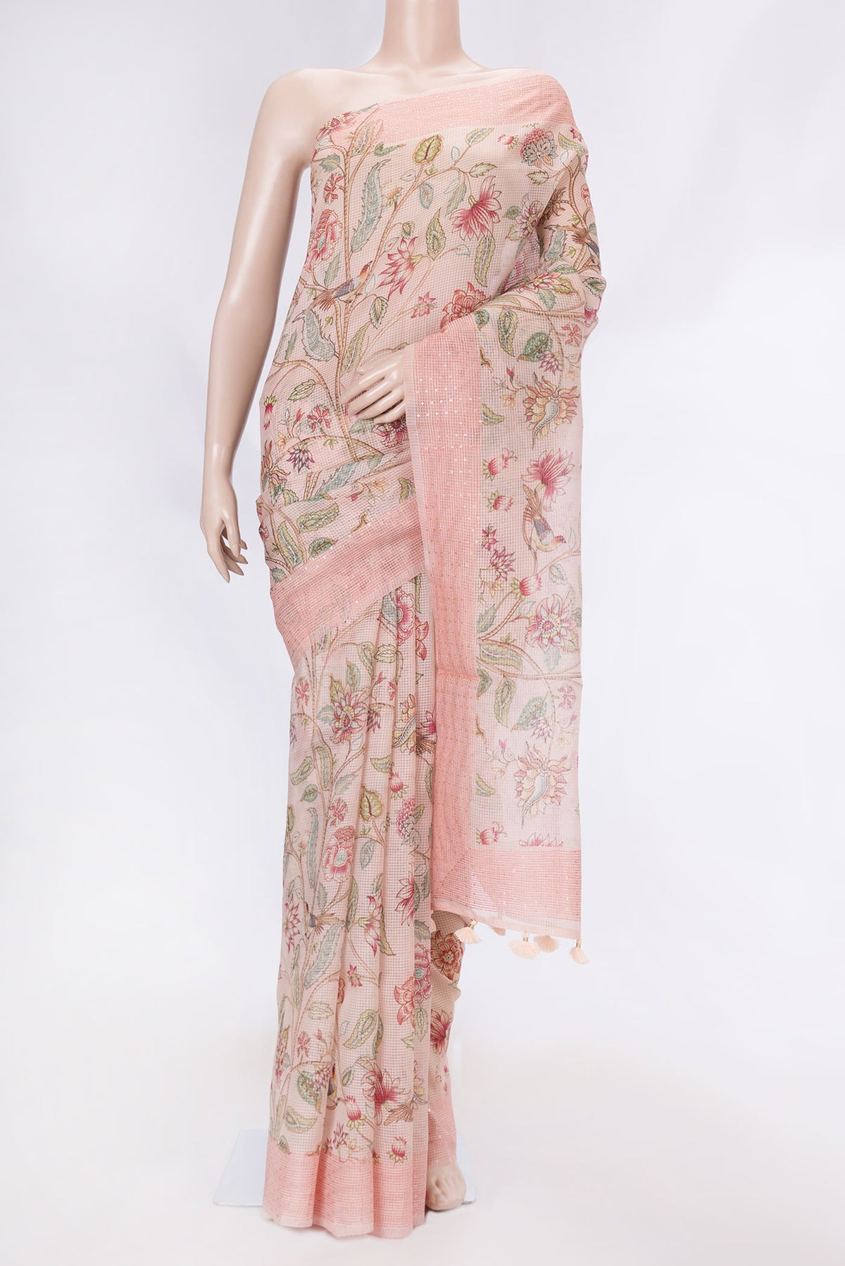 Golden Peach Dual Tone Kota Silk Saree with Printed design on the body and Embroidery Border displayed on a mannequin
