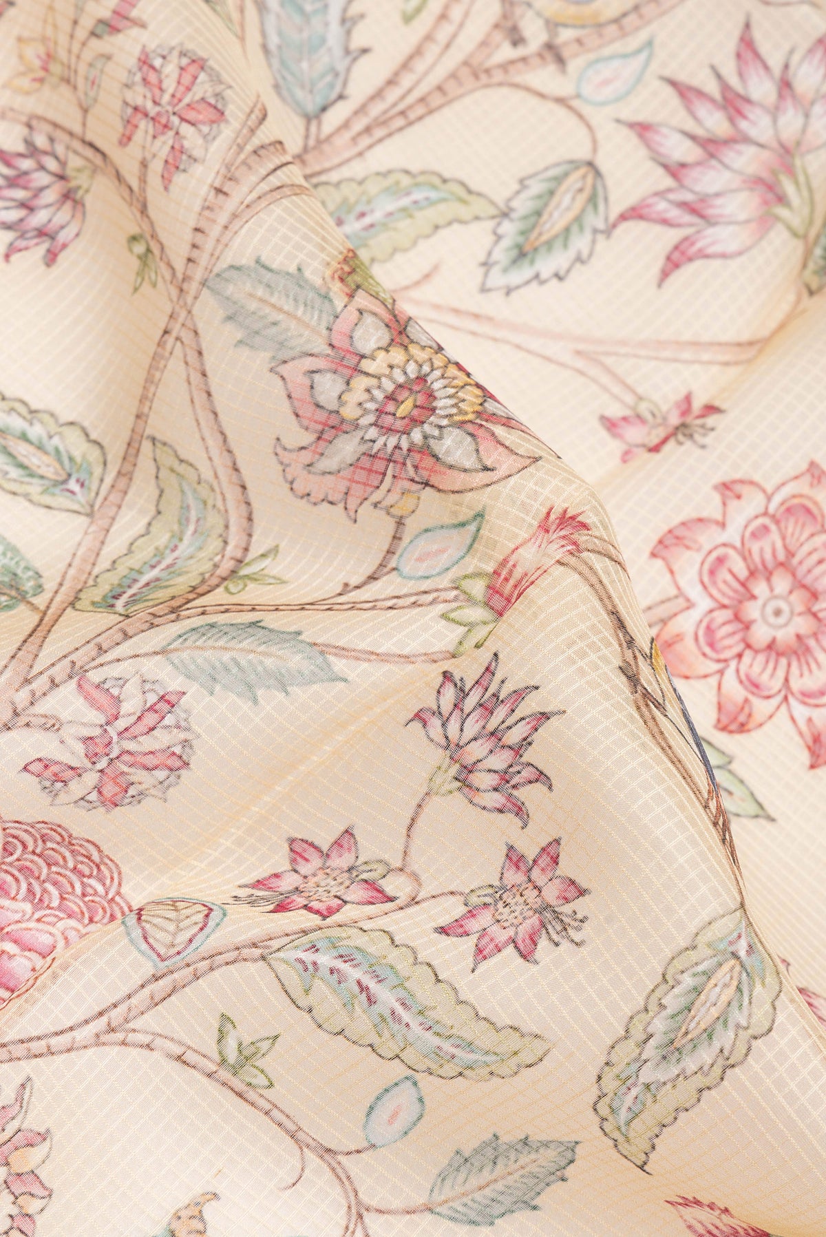 Close up of Sandal Dual Tone Kota Silk Saree with Checked design on the body and Zari Border.  displaying folds