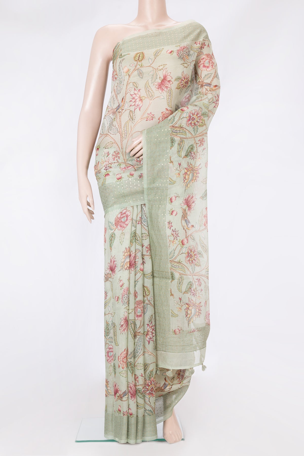 Pista Green Dual Tone Kota Silk Saree with Checked design on the body and Embroidery Border.  displayed on a mannequin