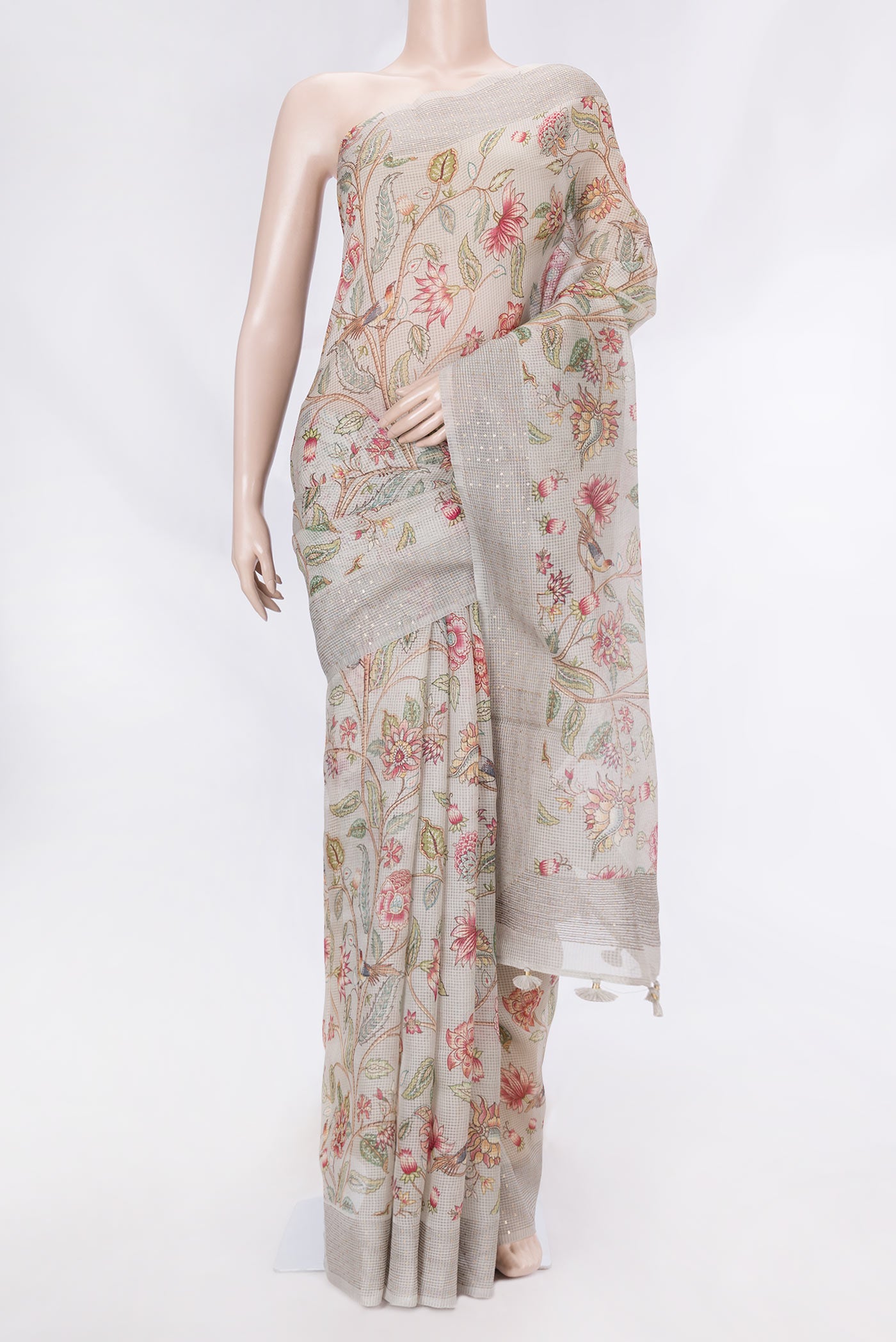Grey Dual Tone Kota Silk Saree with Printed design on the body and Embroidery Border displayed on a mannequin