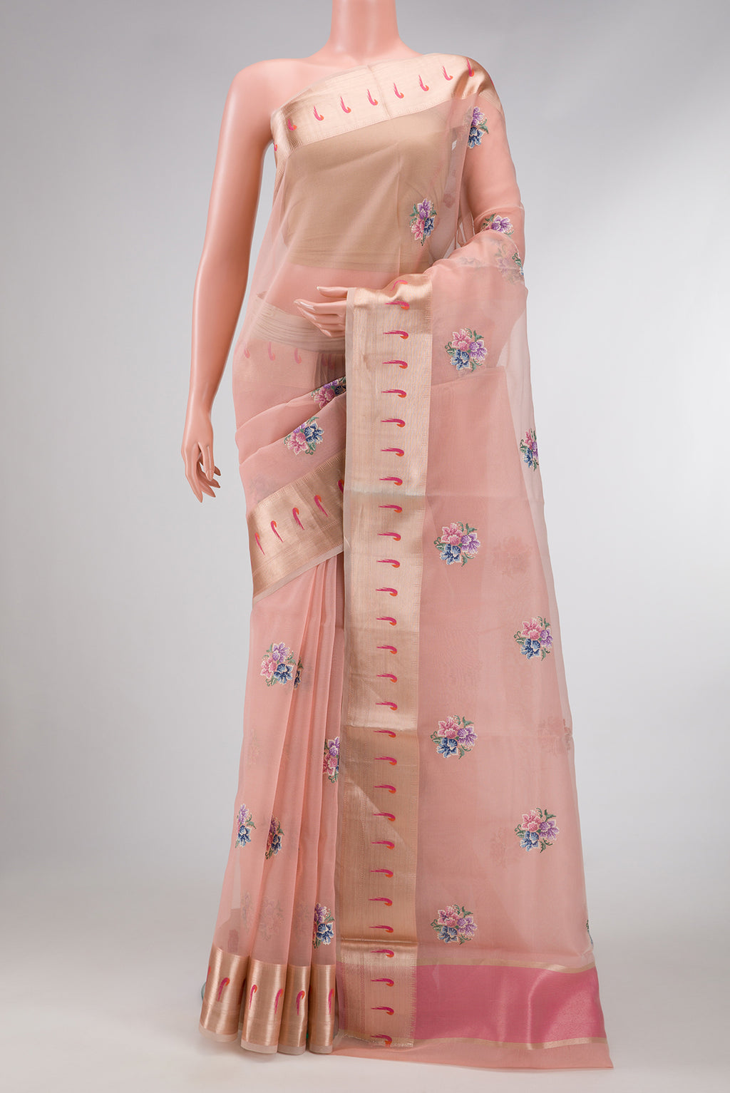 Rose pink Dual Tone Organza Silk Saree with Embroidery on the body and Paithani Border.  displayed on a mannequin