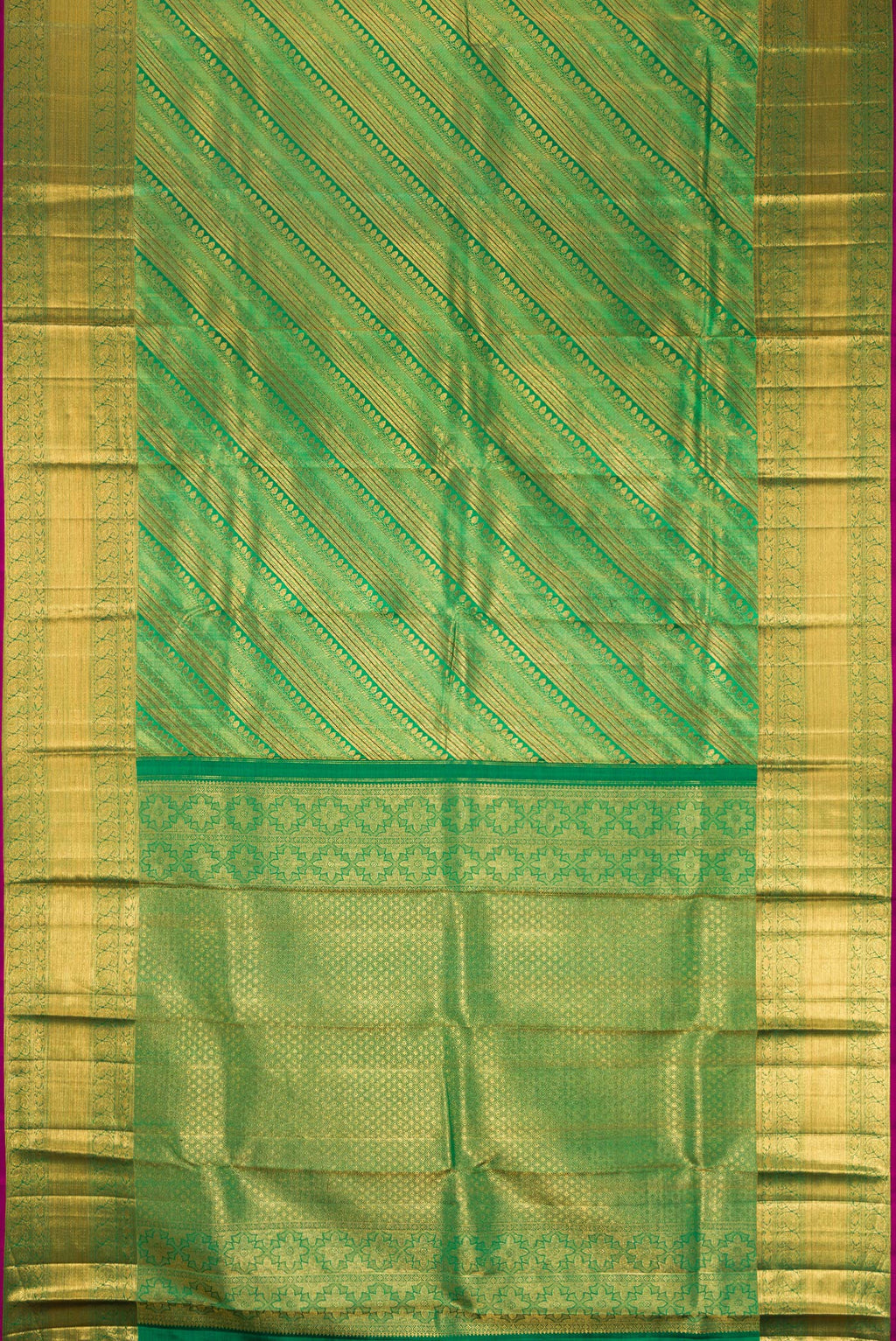Flat view of Green Dual Tone Kanchipuram Silk Saree with Zari Brocade on the body and Zari Border. 