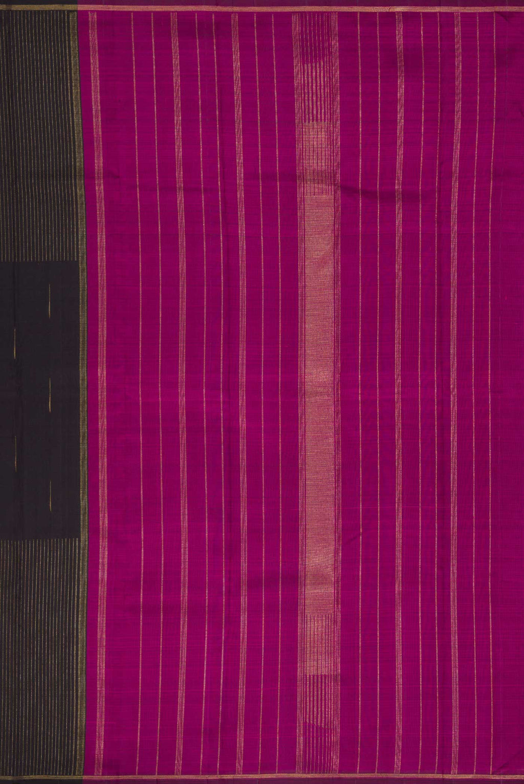 Close up image of the pallu of Pure Silk Pure Zari Coffee Brown Dual Tone Kanchipuram Saree with Zari Butta on the body and Thin Zari Line