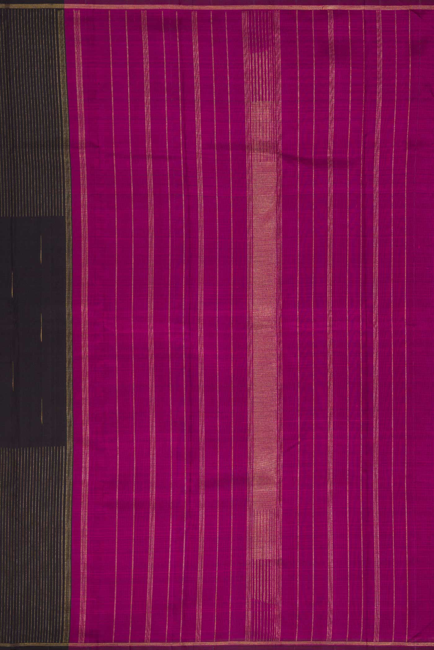 Close up image of the pallu of Pure Silk Pure Zari Coffee Brown Dual Tone Kanchipuram Saree with Zari Butta on the body and Thin Zari Line
