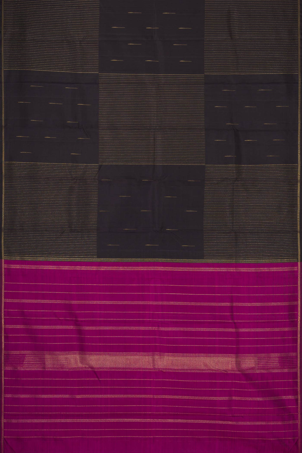Flat view of Pure Silk Pure Zari Coffee Brown Dual Tone Kanchipuram Saree with Zari Butta on the body and Thin Zari Line