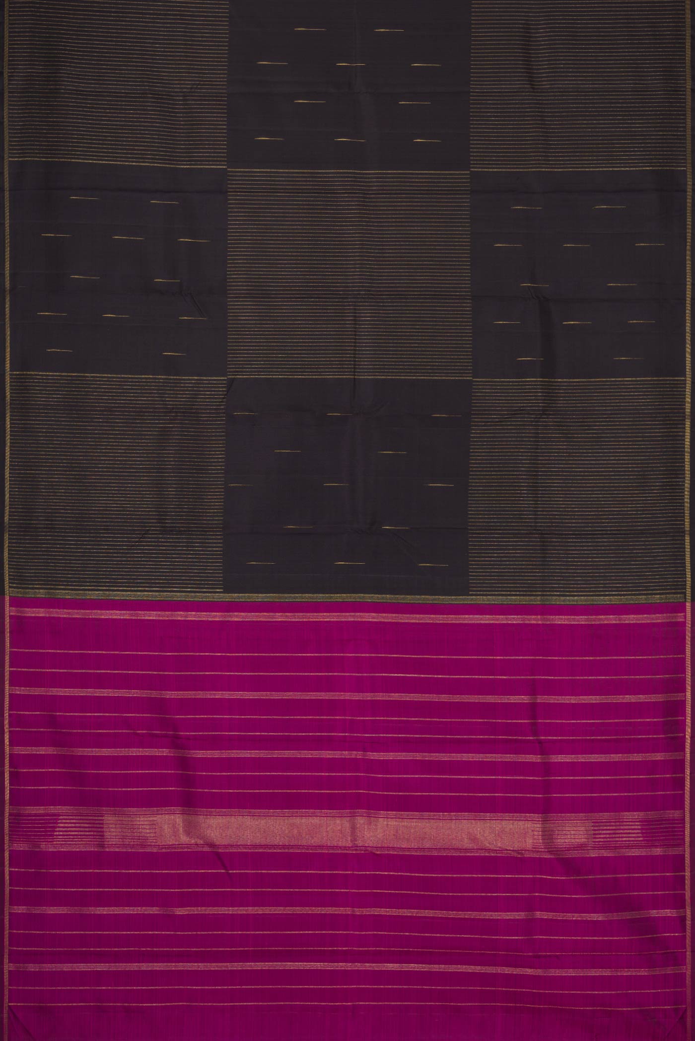 Flat view of Pure Silk Pure Zari Coffee Brown Dual Tone Kanchipuram Saree with Zari Butta on the body and Thin Zari Line