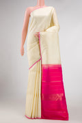 Sandal Dual Tone Kanchipuram Silk Saree with Stripes on the body and Thin Zari Line displayed on a mannequin