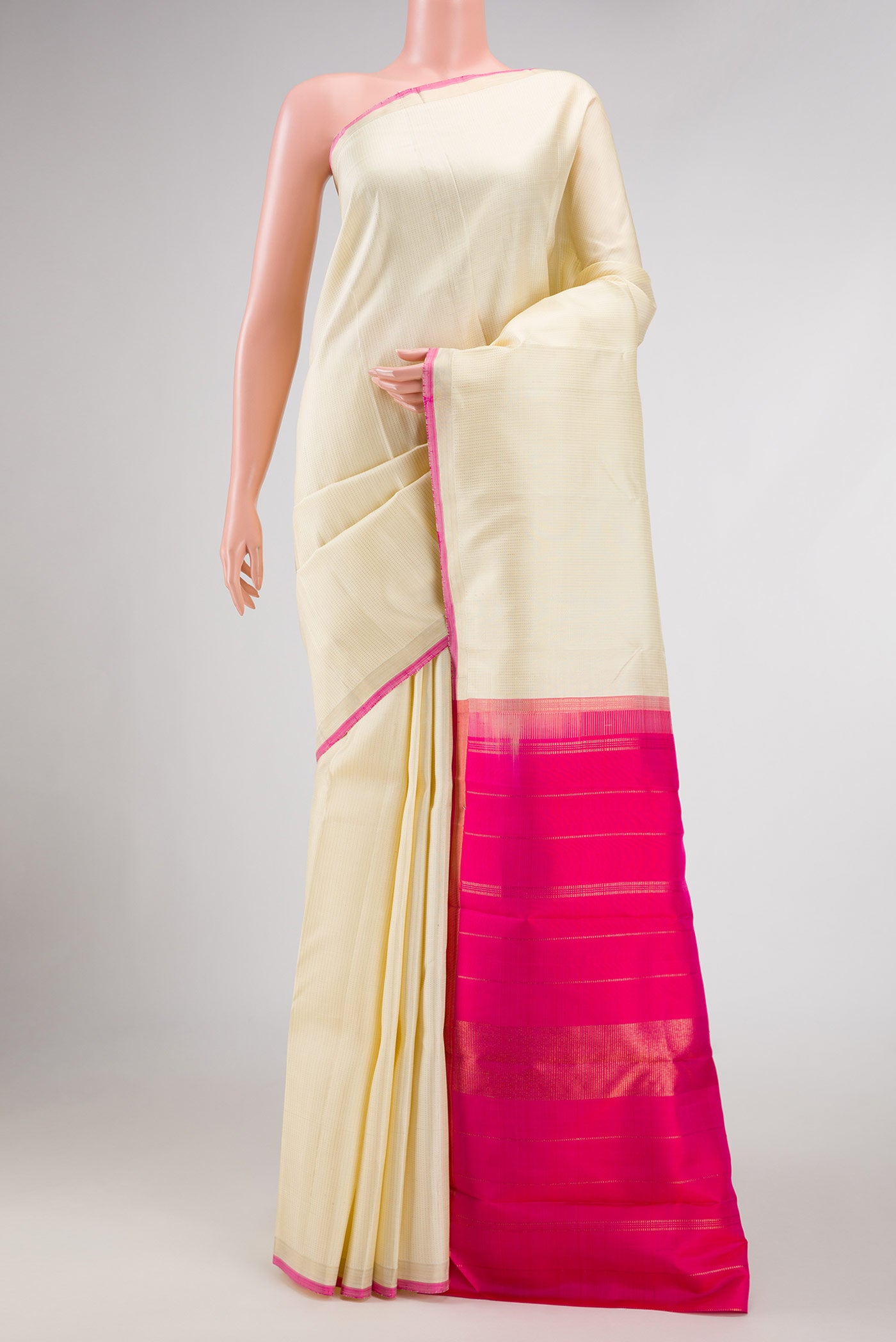Sandal Dual Tone Kanchipuram Silk Saree with Stripes on the body and Thin Zari Line displayed on a mannequin