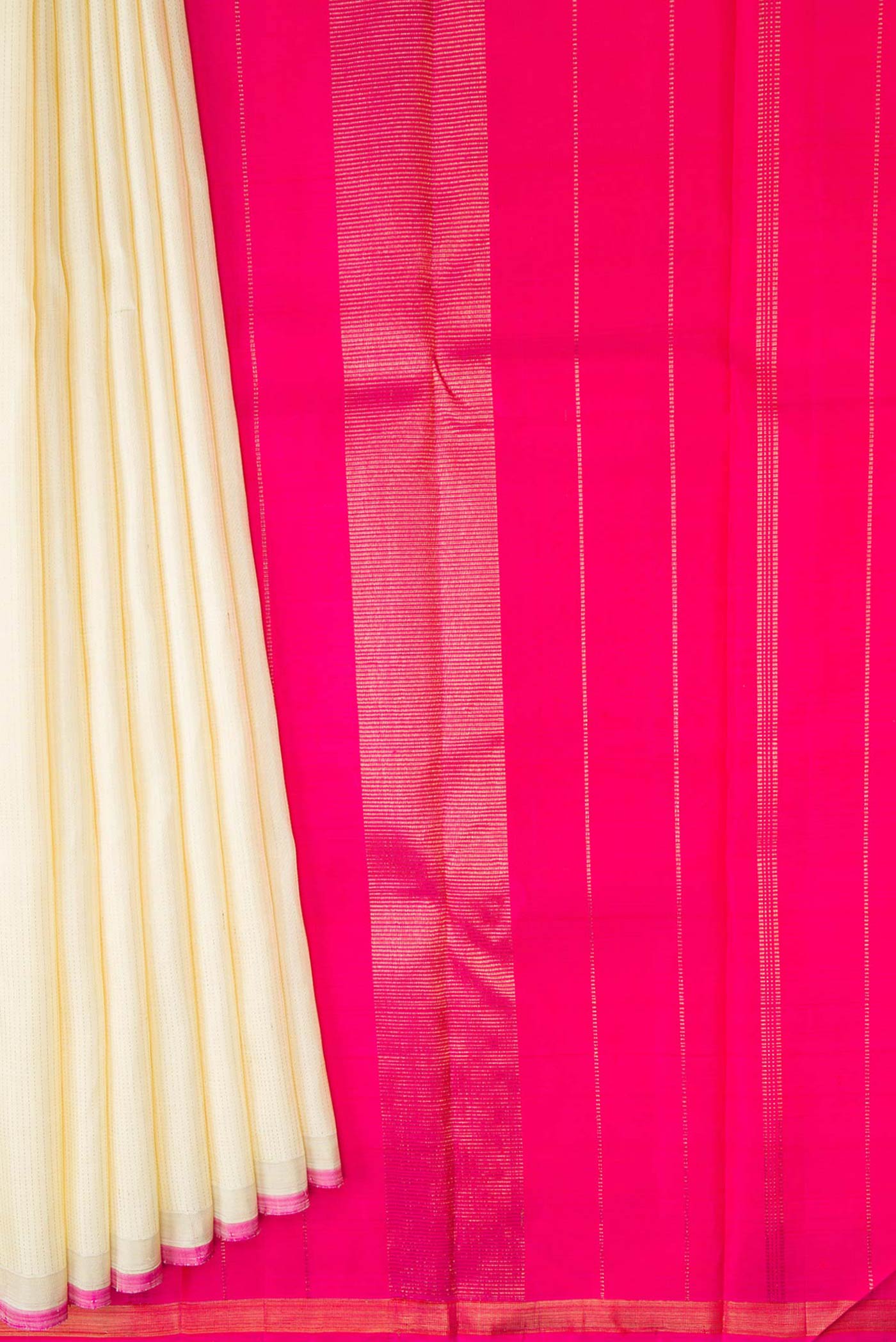 Pleats and pallu of Sandal Dual Tone Kanchipuram Silk Saree with Stripes on the body and Thin Zari Line