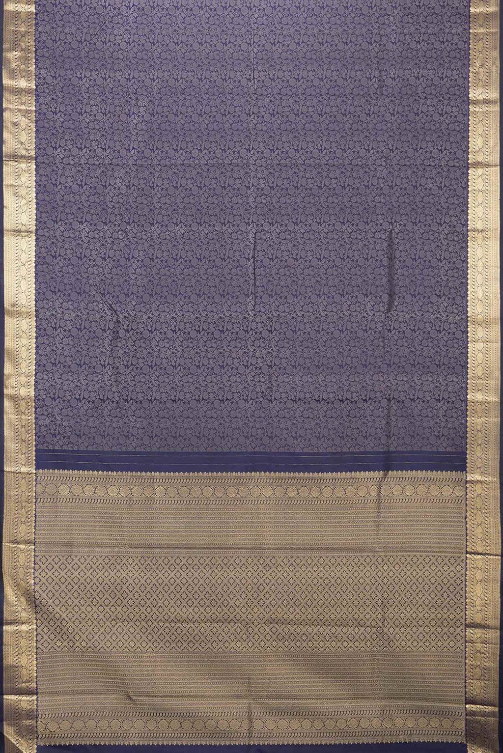 Flat view of Navy Blue Dual Tone Kanchipuram Saree with Jacquard design on the body and Zari Border