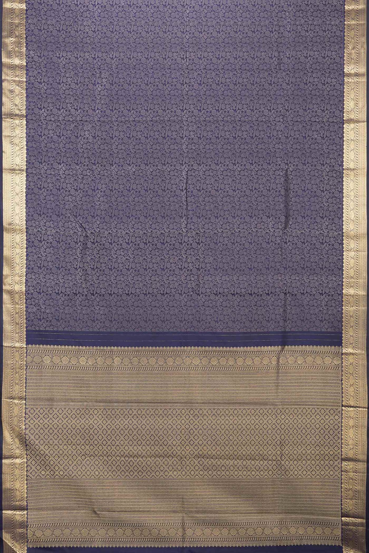 Flat view of Navy Blue Dual Tone Kanchipuram Saree with Jacquard design on the body and Zari Border