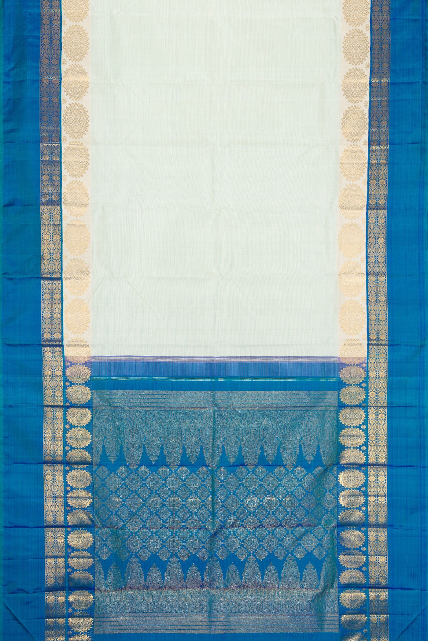 Flat view of Pista Green Dual Tone Kanjivaram Silk Saree with Stripes on the body and Fancy Border. 