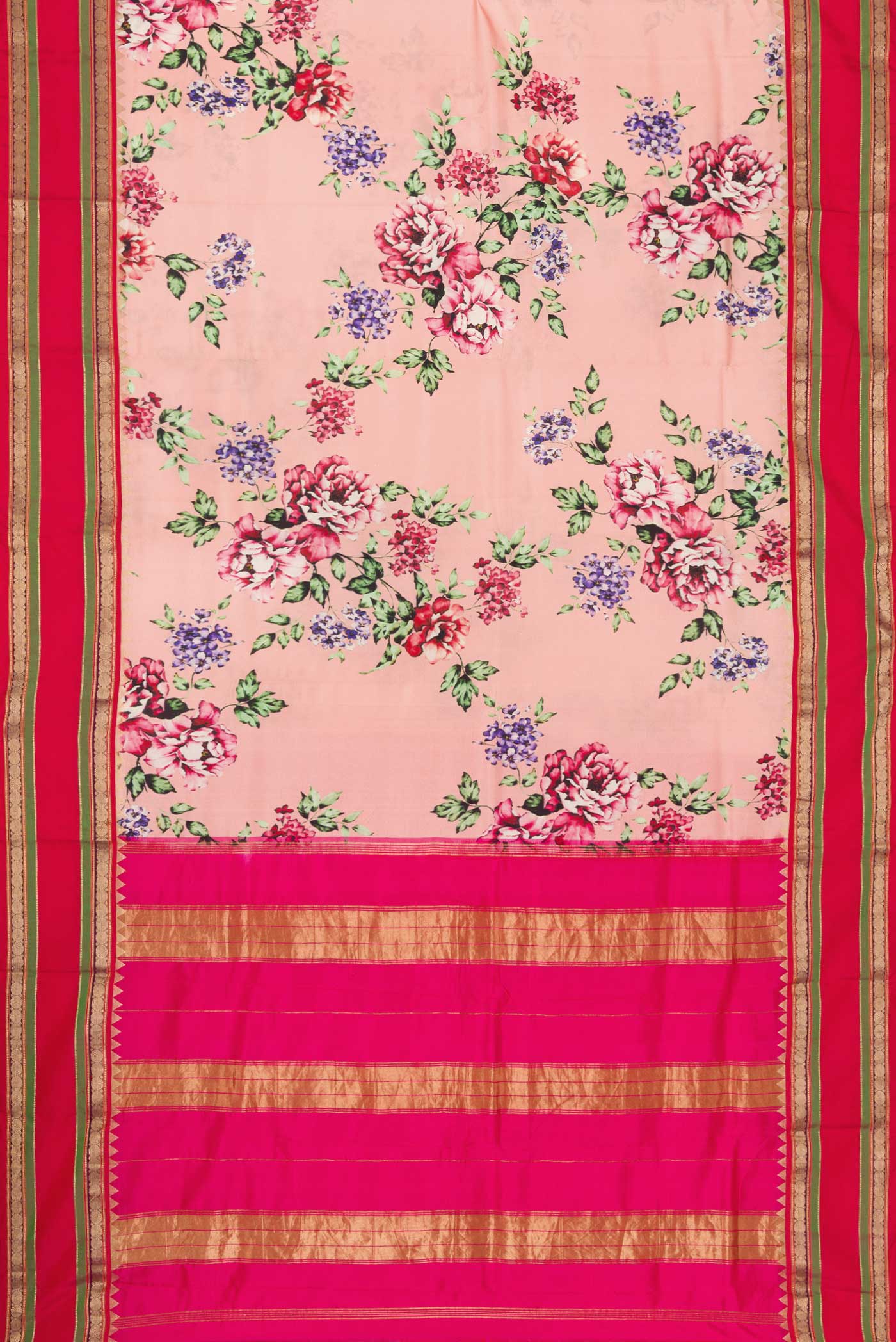 Flat view of Pink Dual Tone Kanchipuram Silk Saree with Printed design on the body and Zari Border. 