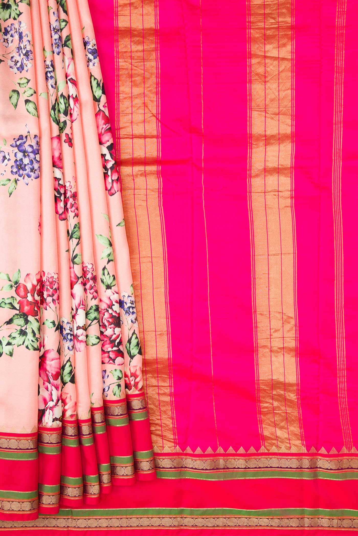 Pleats and pallu of Pink Dual Tone Kanchipuram Silk Saree with Printed design on the body and Zari Border. 