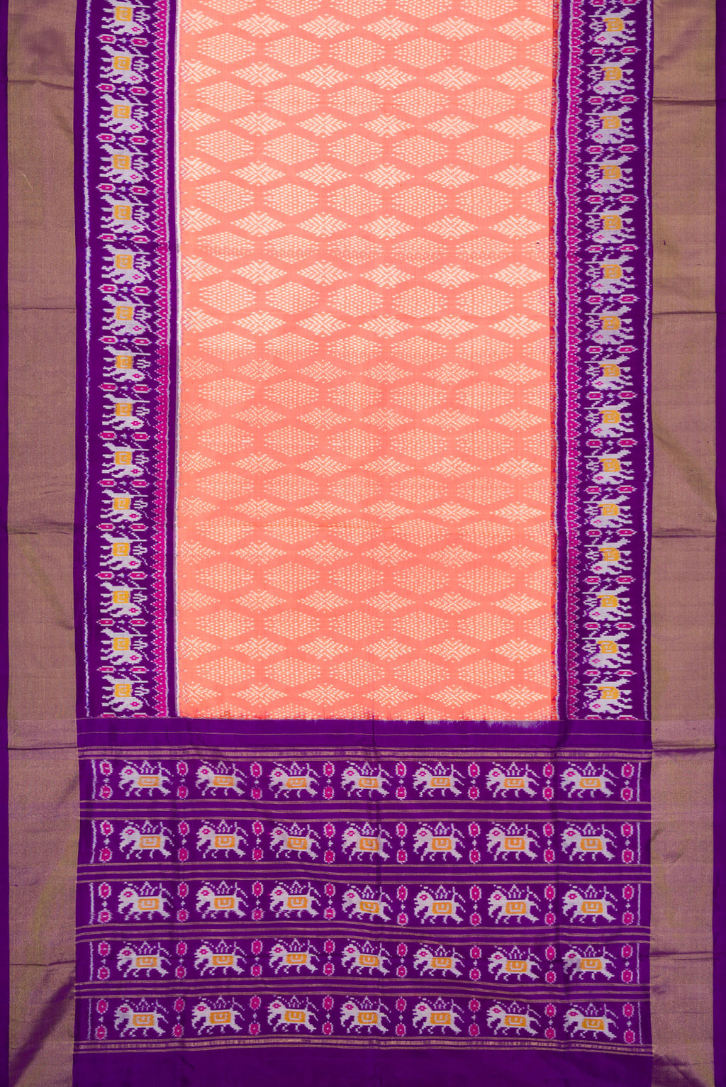 Flat view of Golden Peach Dual Tone Double Ikat Saree with Ikat Print on the body and Ikat Border. 