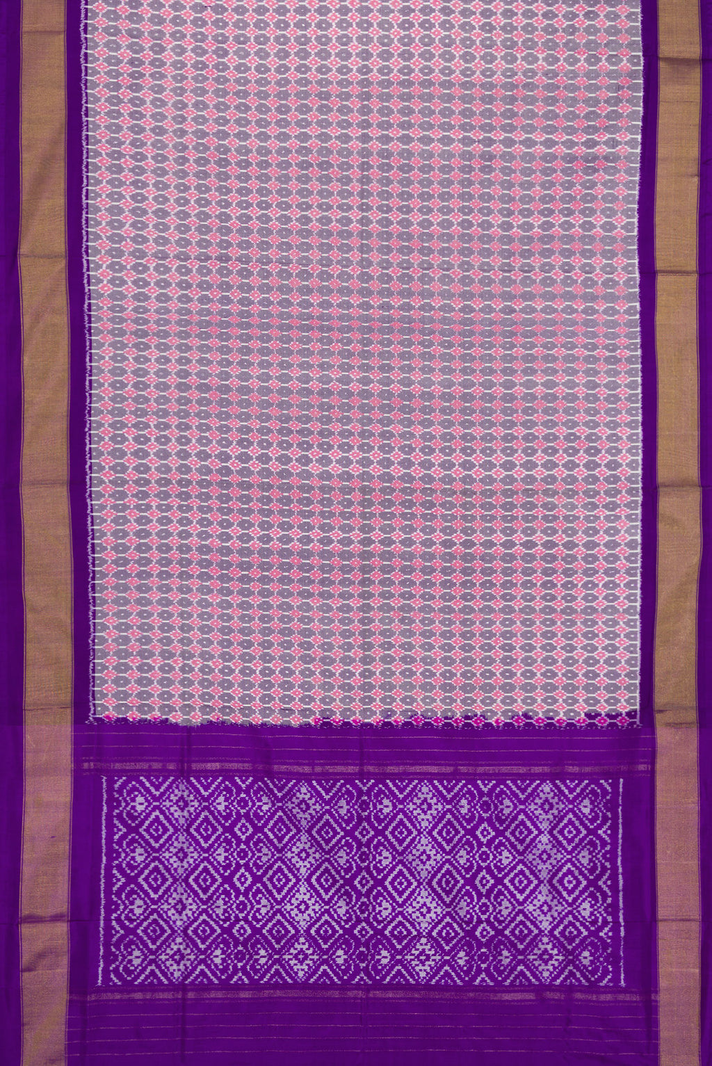 Flat view of Grey Dual Tone Double Ikat Saree with Ikat Print on the body and Zari Border. 