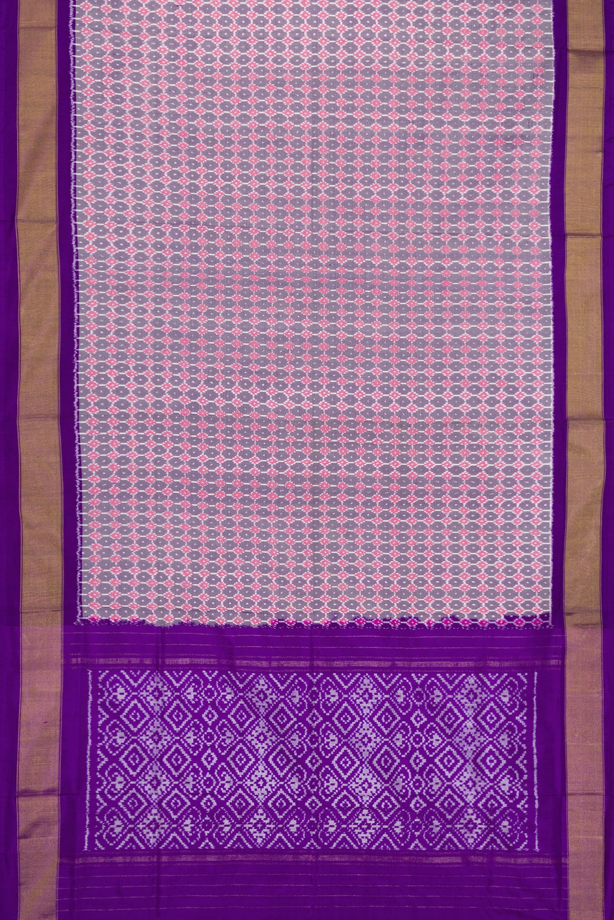 Flat view of Grey Dual Tone Double Ikat Saree with Ikat Print on the body and Zari Border. 