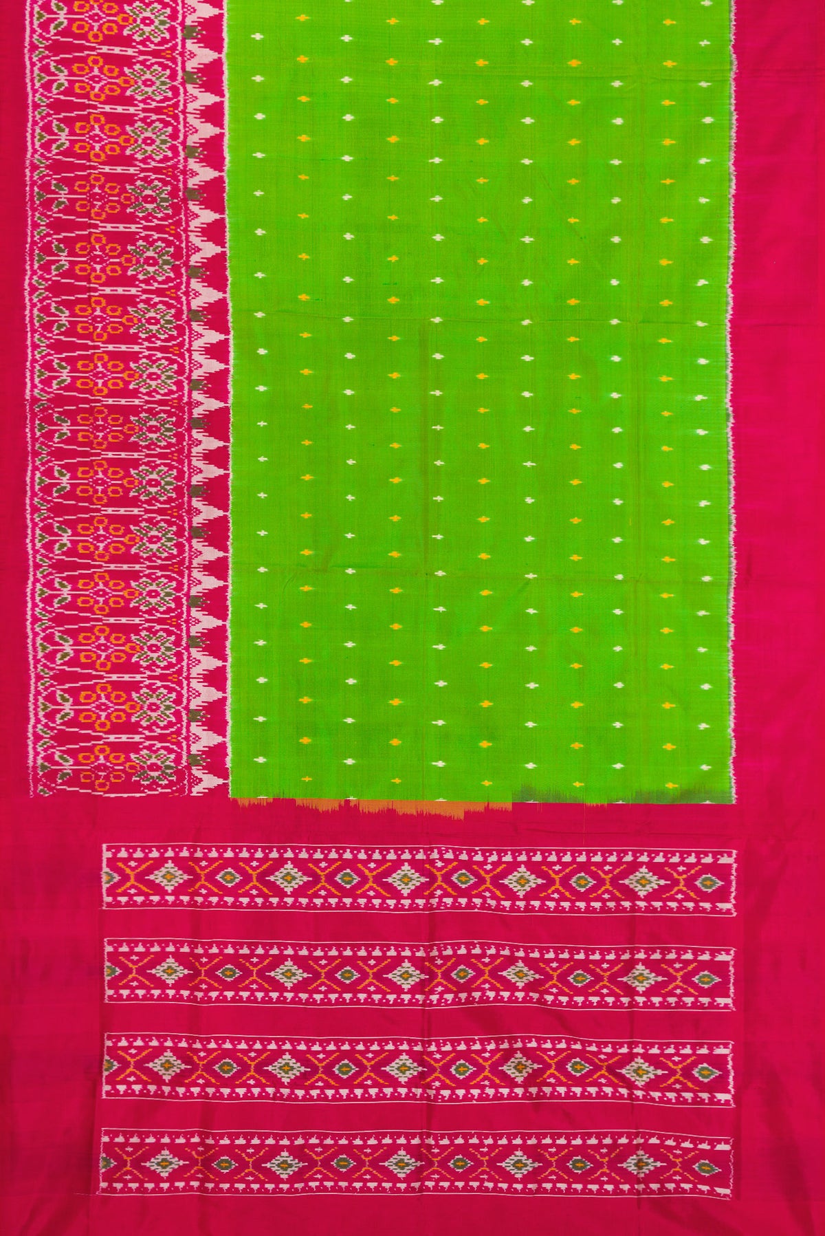 Flat view of Parrot Green Dual Tone Double Ikat Saree with Ikat Print on the body and Ikat Border. 