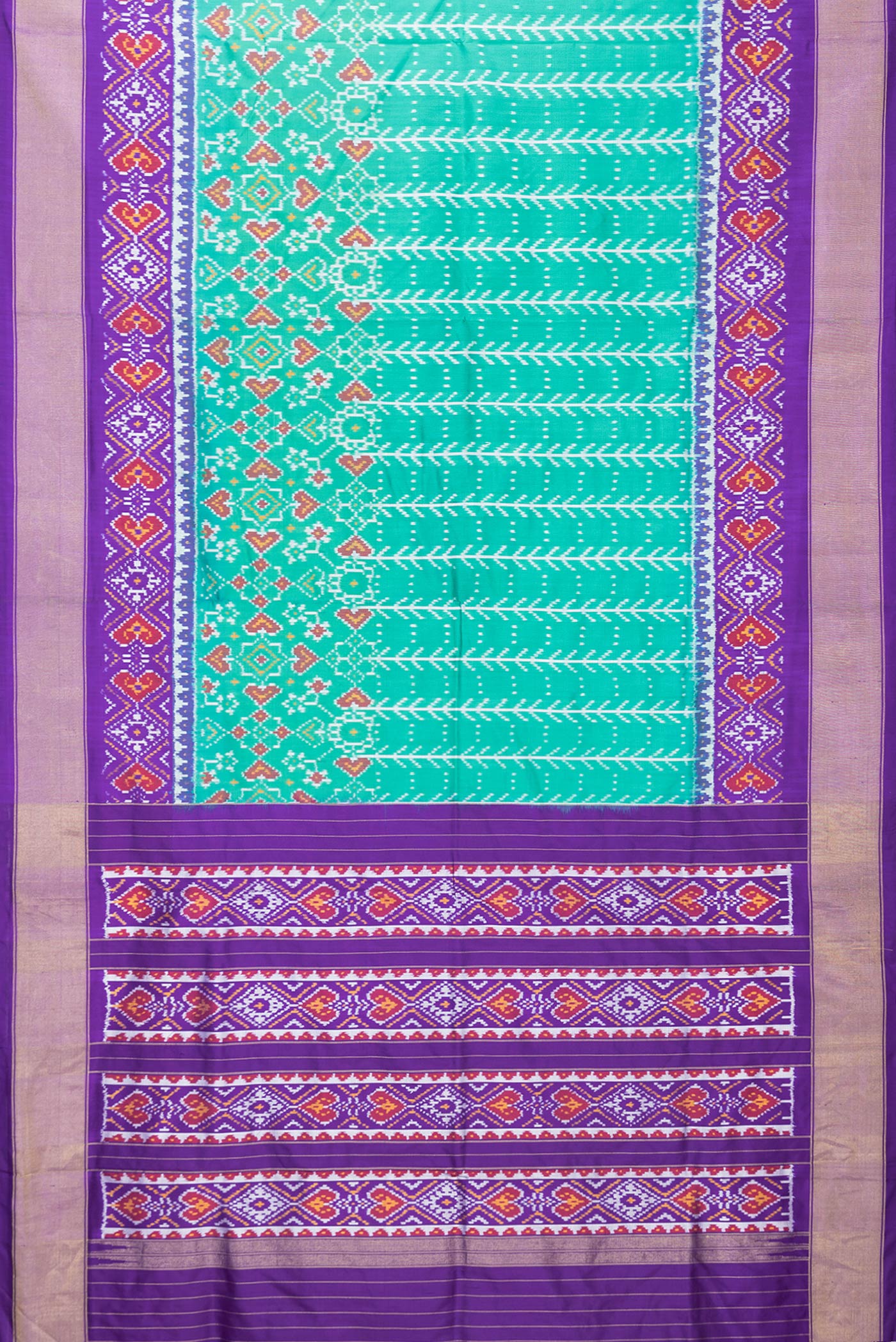 Flat view of Sea Green Dual Tone Double Ikat Saree with Ikat Print on the body and Ikat Border. 