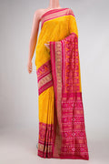 Yellow Pochampally Silk Saree with Pure Ikat on the body and Zari Border displayed on a mannequin
