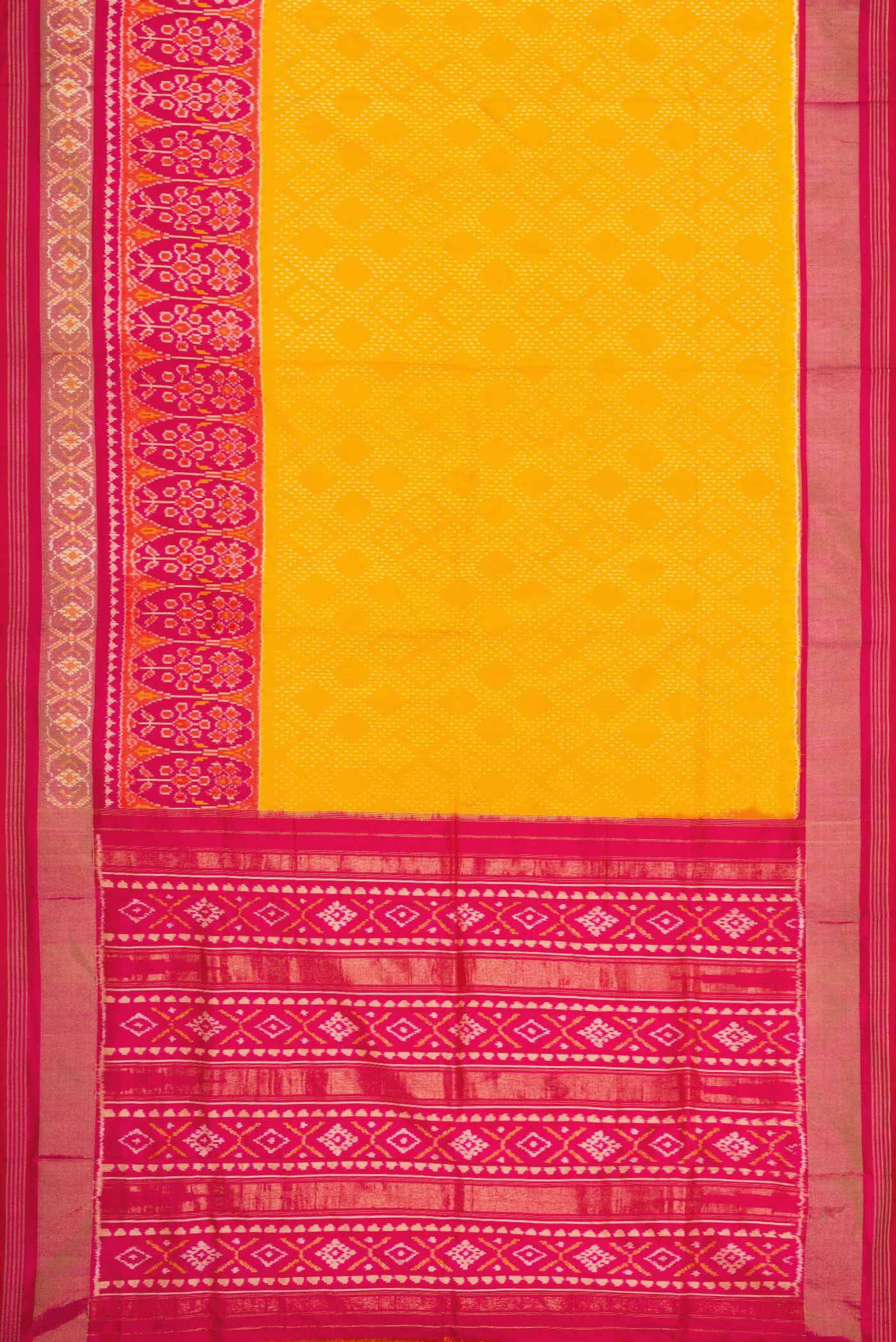 Flat view of Yellow Pochampally Silk Saree with Pure Ikat on the body and Zari Border