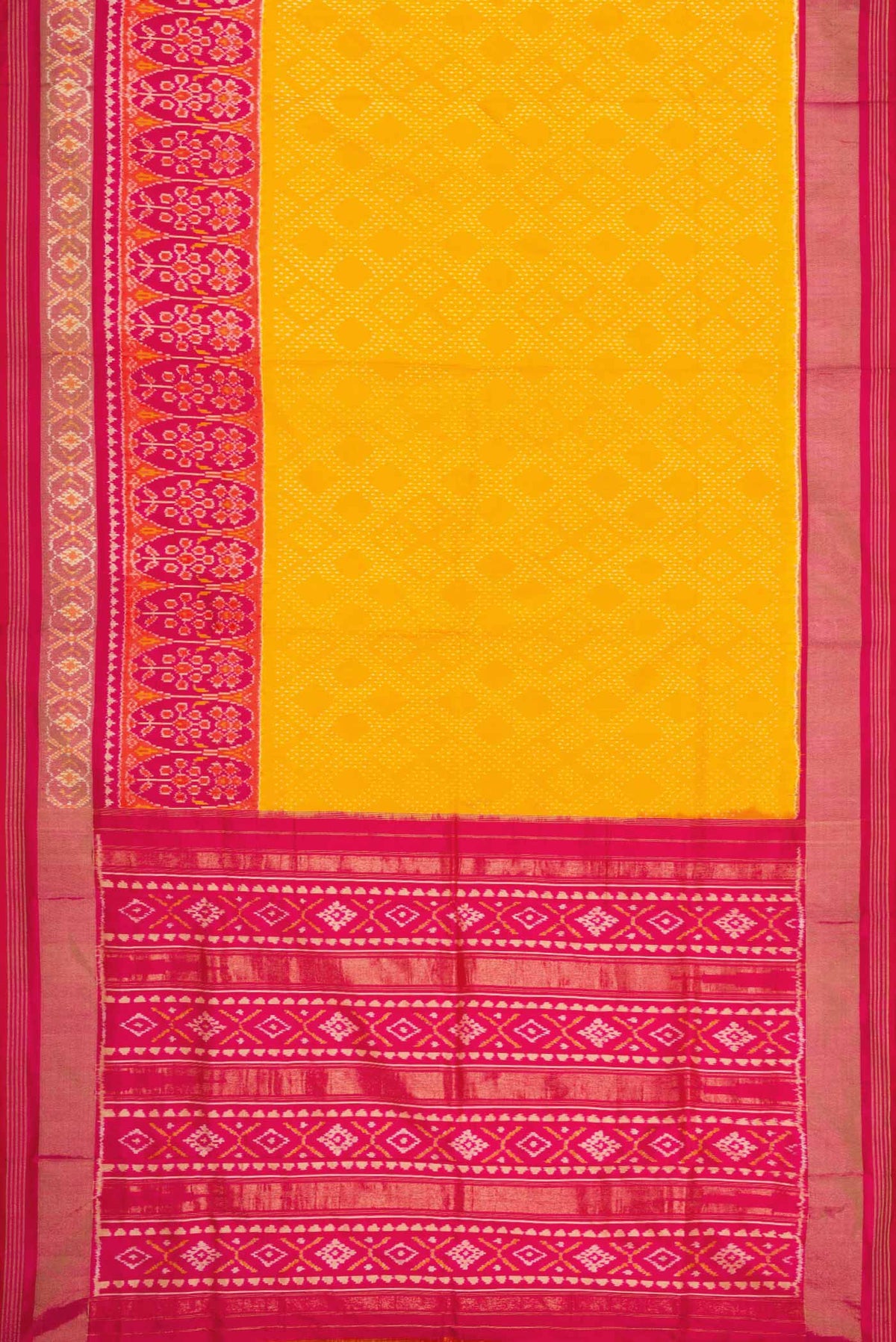 Flat view of Yellow Pochampally Silk Saree with Pure Ikat on the body and Zari Border