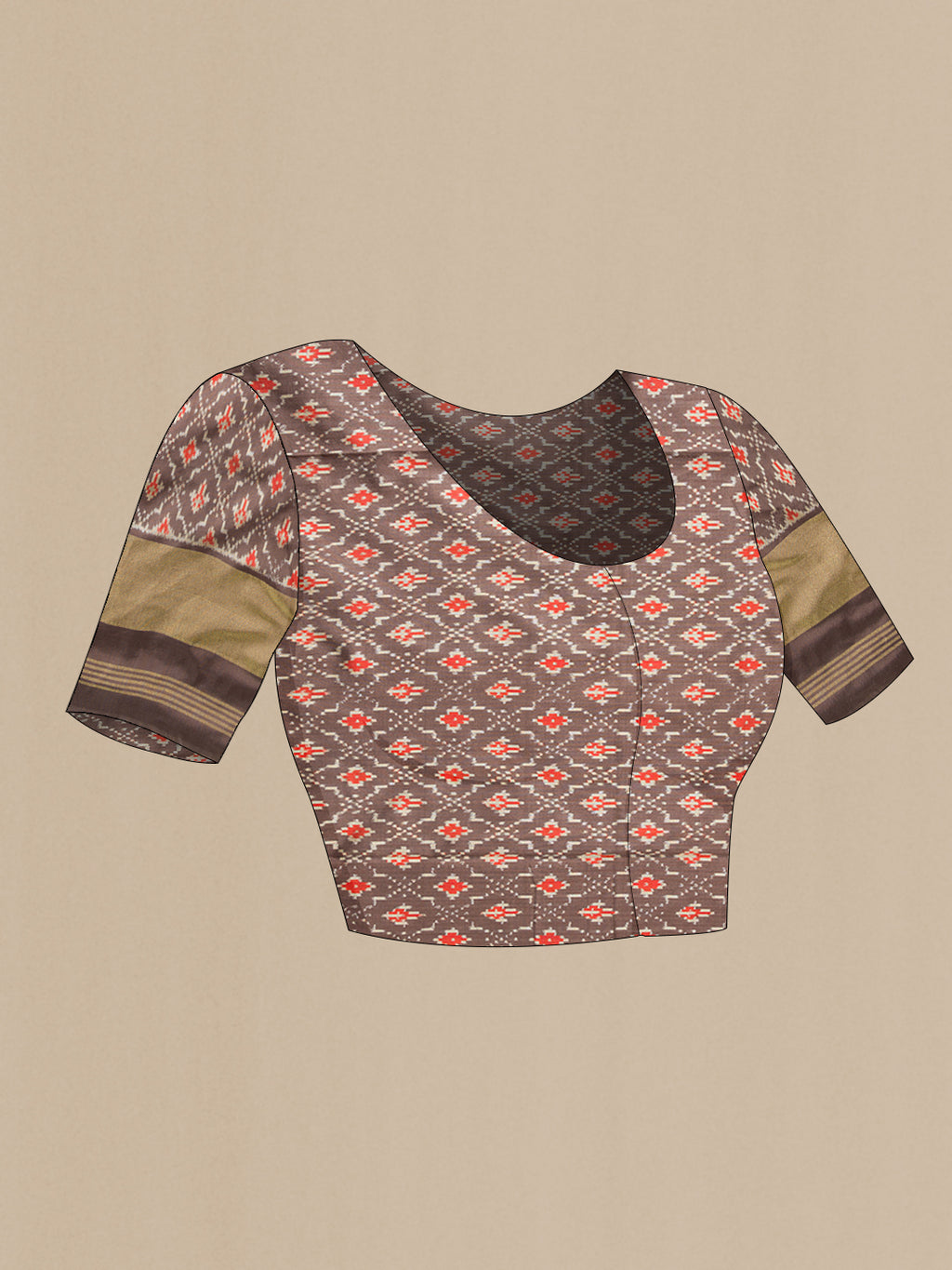 Close up image of the blouse of Grey Dual Tone Double Ikat Saree with Ikat Print on the body and Ikat Border. 