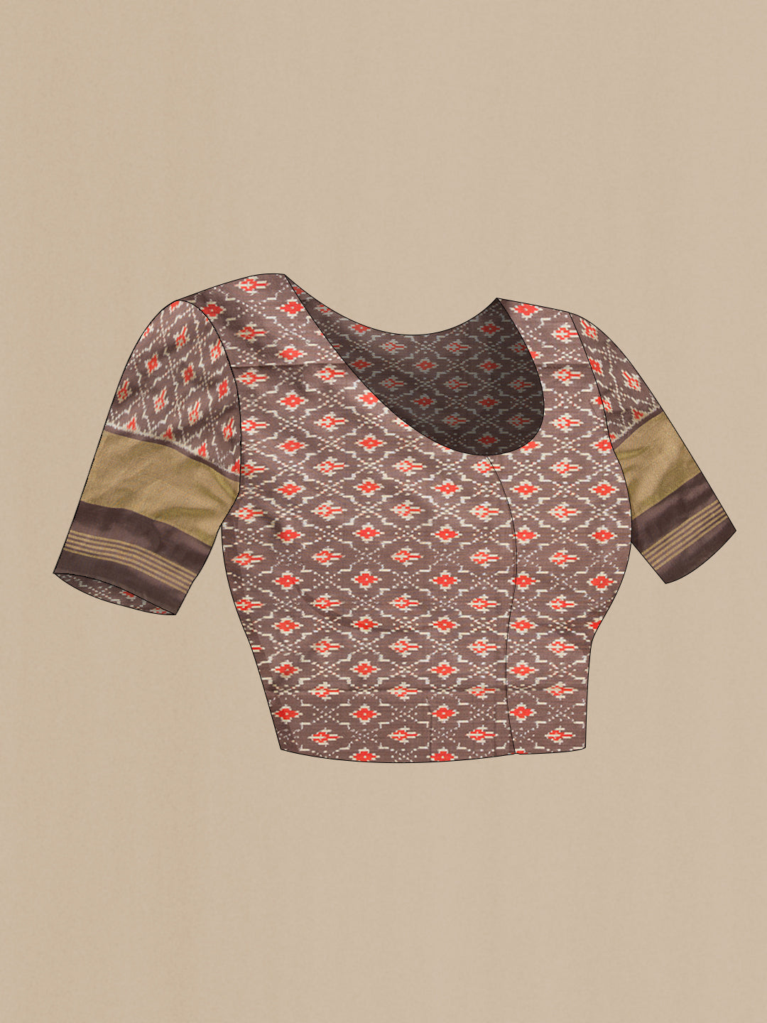Close up image of the blouse of Grey Dual Tone Double Ikat Saree with Ikat Print on the body and Ikat Border. 