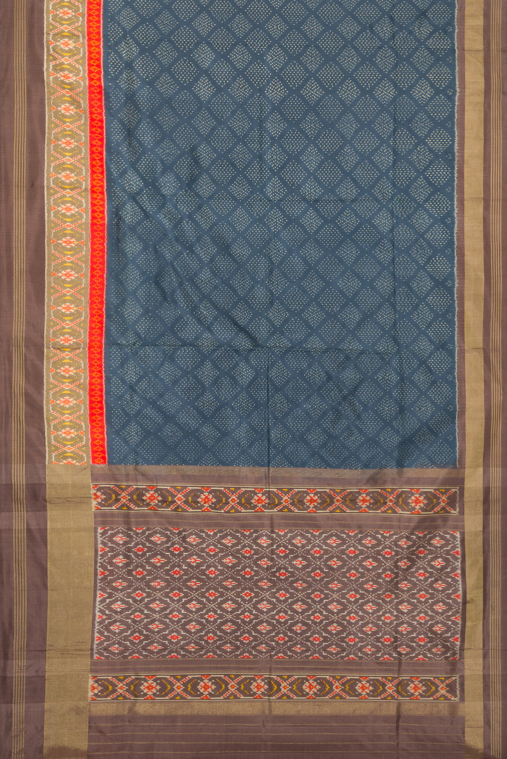 Flat view of Grey Dual Tone Double Ikat Saree with Ikat Print on the body and Ikat Border. 
